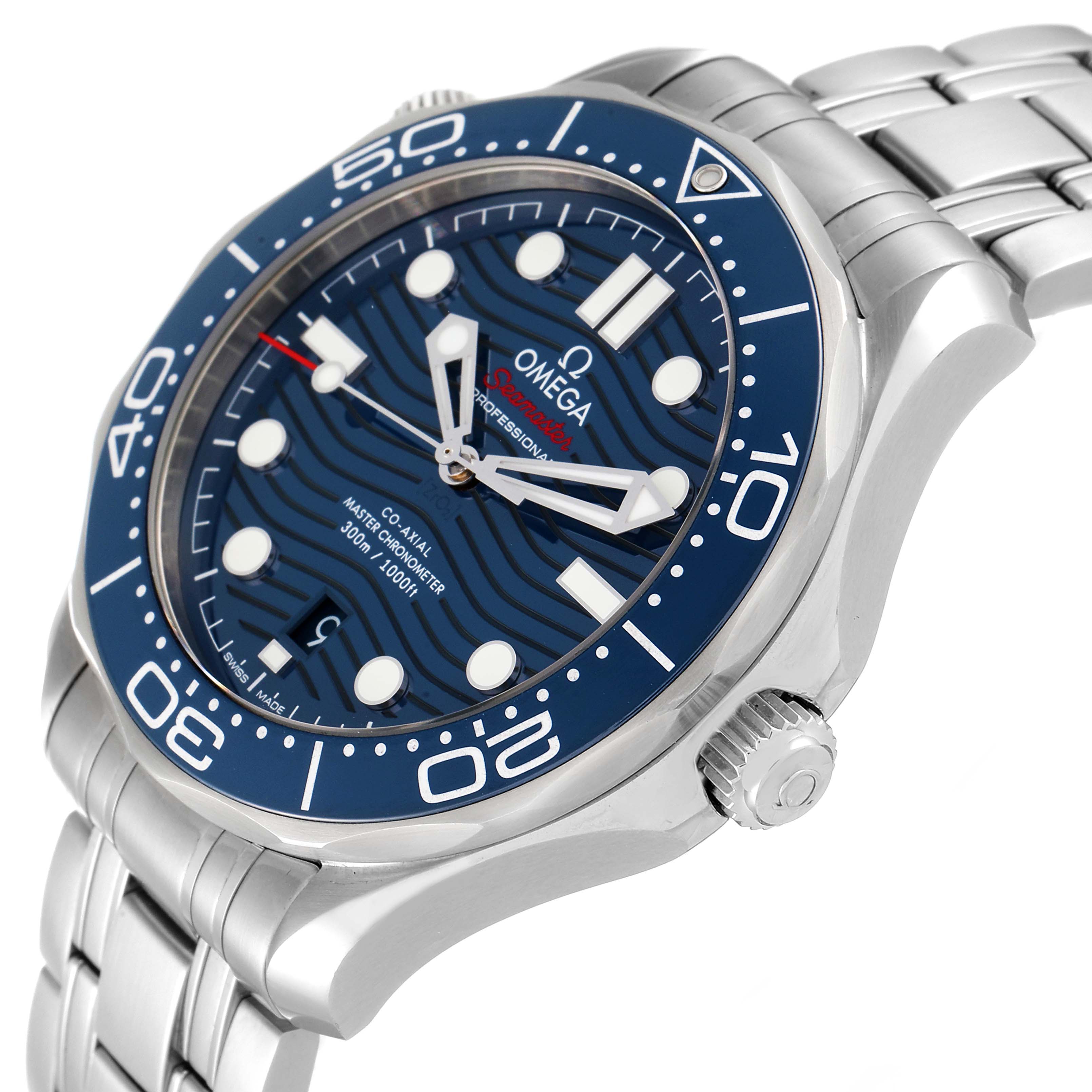The Omega Seamaster 210.30.42.20.03.001 Men's Stainless Steel Blue Dial 210.30.42.20.03.001 Men's Stainless Steel Blue Dial watch is shown at an angled side view, highlighting its bezel, crown, dial, and metal bracelet.