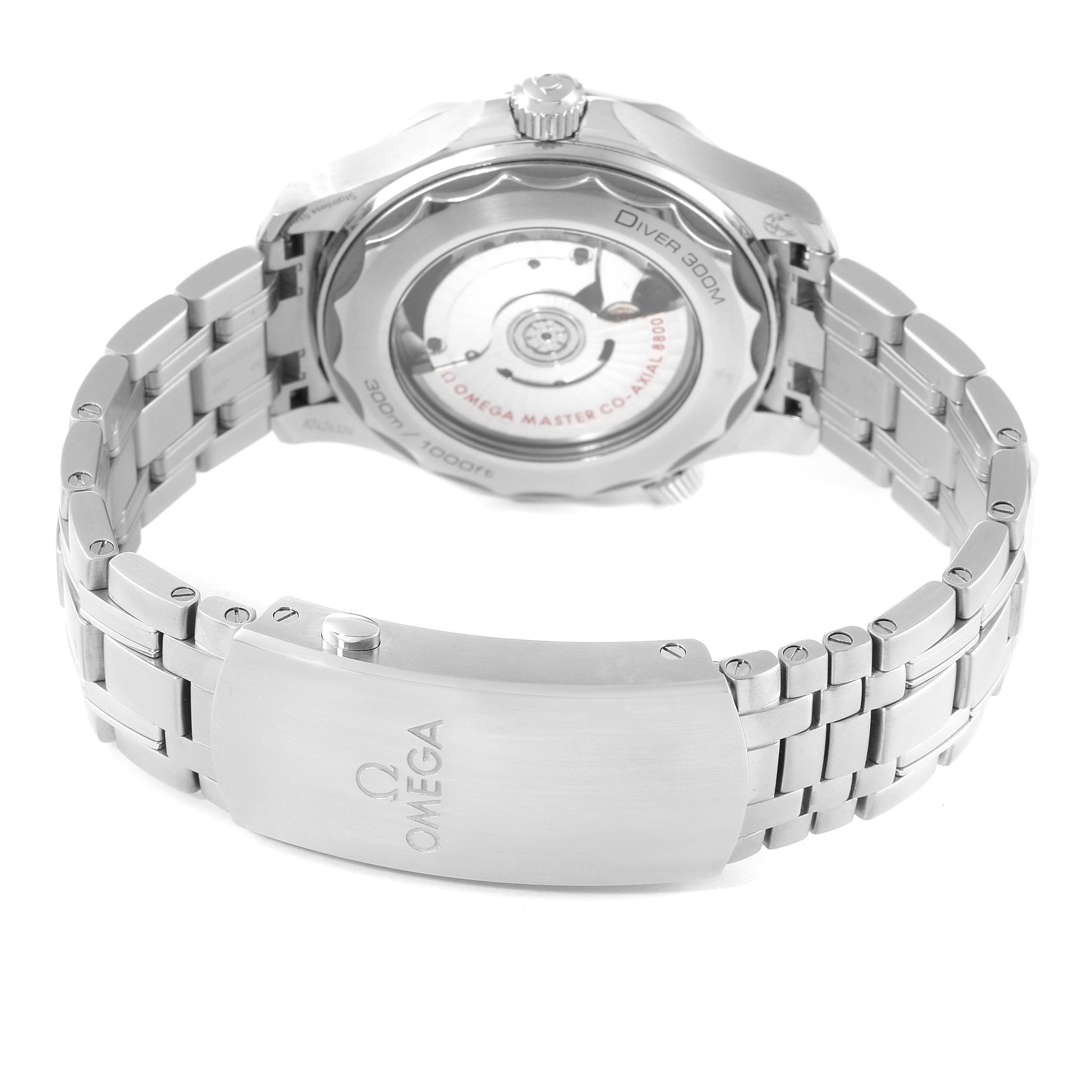 The image shows the back view of an Omega Seamaster 210.30.42.20.03.001 Men's Stainless Steel Blue Dial 210.30.42.20.03.001 Men's Stainless Steel Blue Dial watch, focusing on the bracelet and the movement.