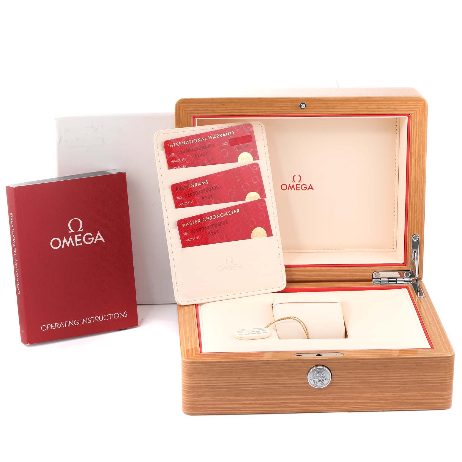 The image shows an open Omega Seamaster 210.30.42.20.03.001 Men's Stainless Steel Blue Dial 210.30.42.20.03.001 Men's Stainless Steel Blue Dial watch box with warranty cards and an operating instructions booklet.