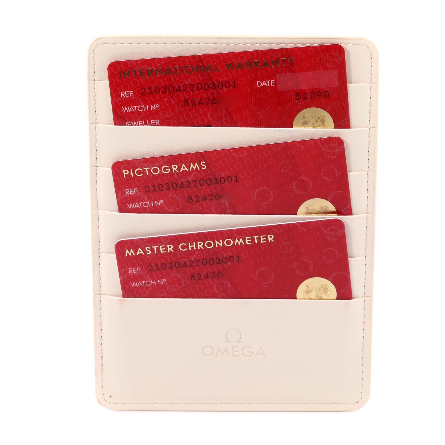 The image shows Omega Seamaster 210.30.42.20.03.001 Men's Stainless Steel Blue Dial 210.30.42.20.03.001 Men's Stainless Steel Blue Dial warranty, pictograms, and master chronometer cards in a white cardholder.