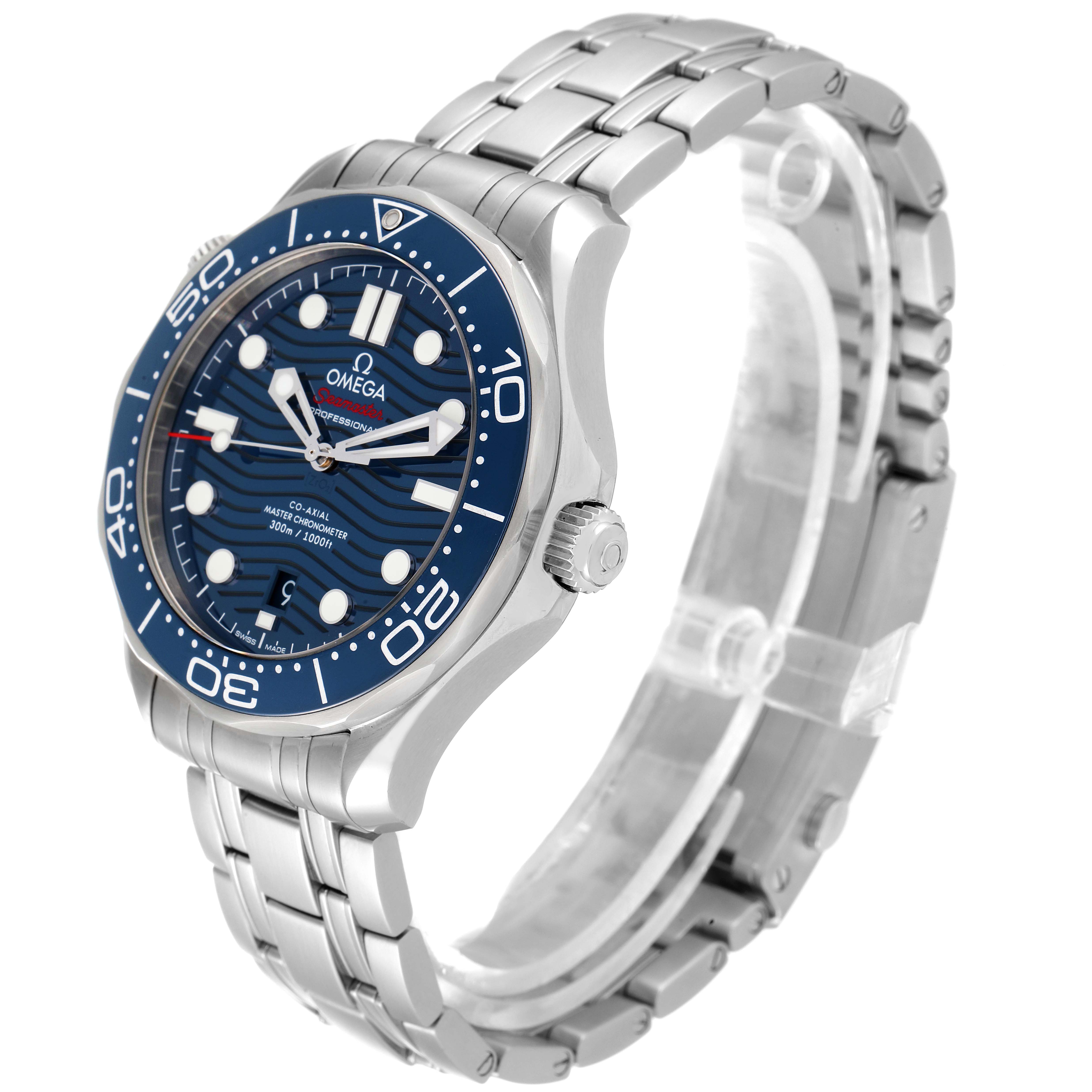 The image shows an Omega Seamaster 210.30.42.20.03.001 Men's Stainless Steel Blue Dial 210.30.42.20.03.001 Men's Stainless Steel Blue Dial watch from a front-side angle, highlighting the dial, bezel, crown, and stainless steel bracelet.