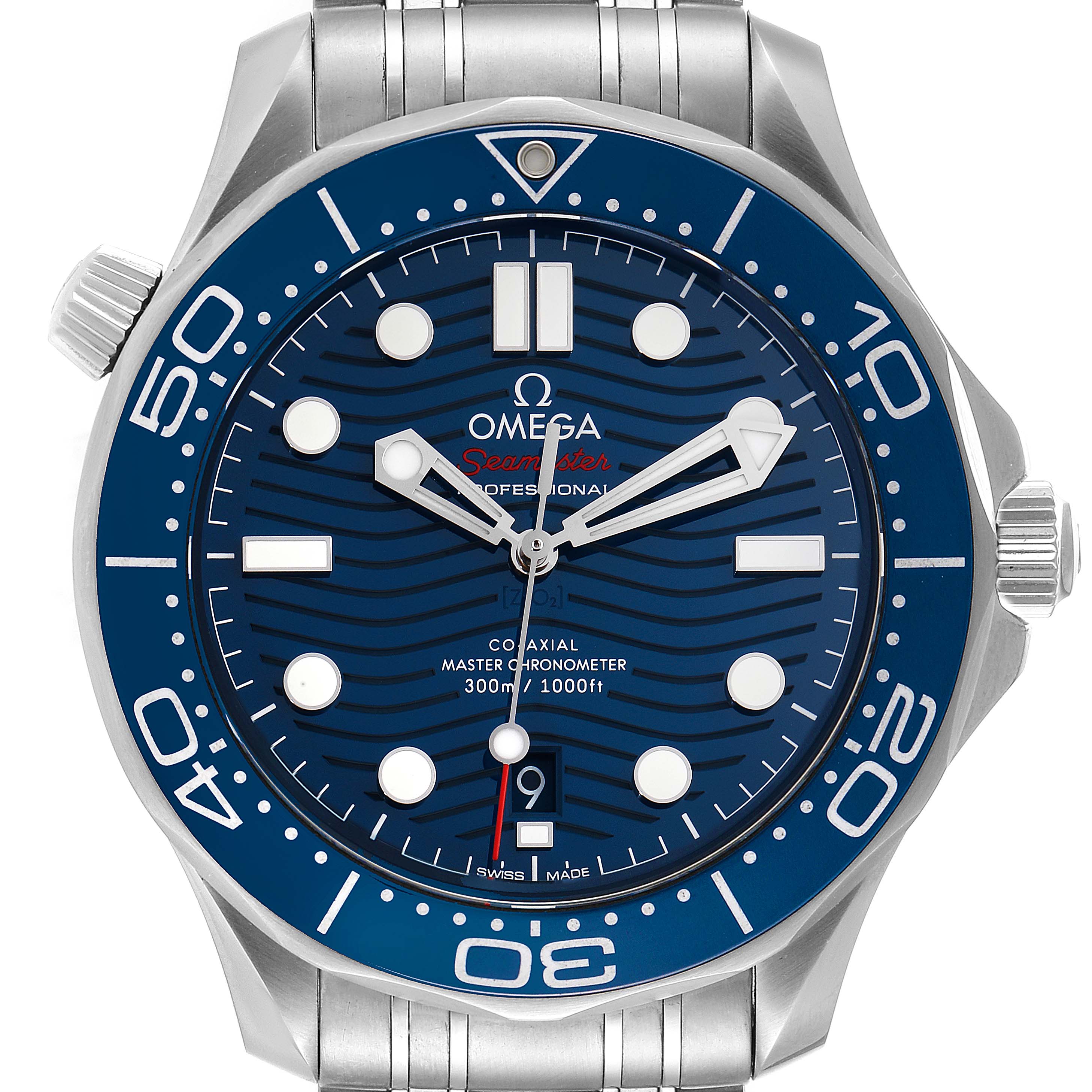 The image shows a frontal view of an Omega Seamaster 210.30.42.20.03.001 Men's Stainless Steel Blue Dial 210.30.42.20.03.001 Men's Stainless Steel Blue Dial watch, highlighting its blue dial, bezel, and stainless steel case and bracelet.