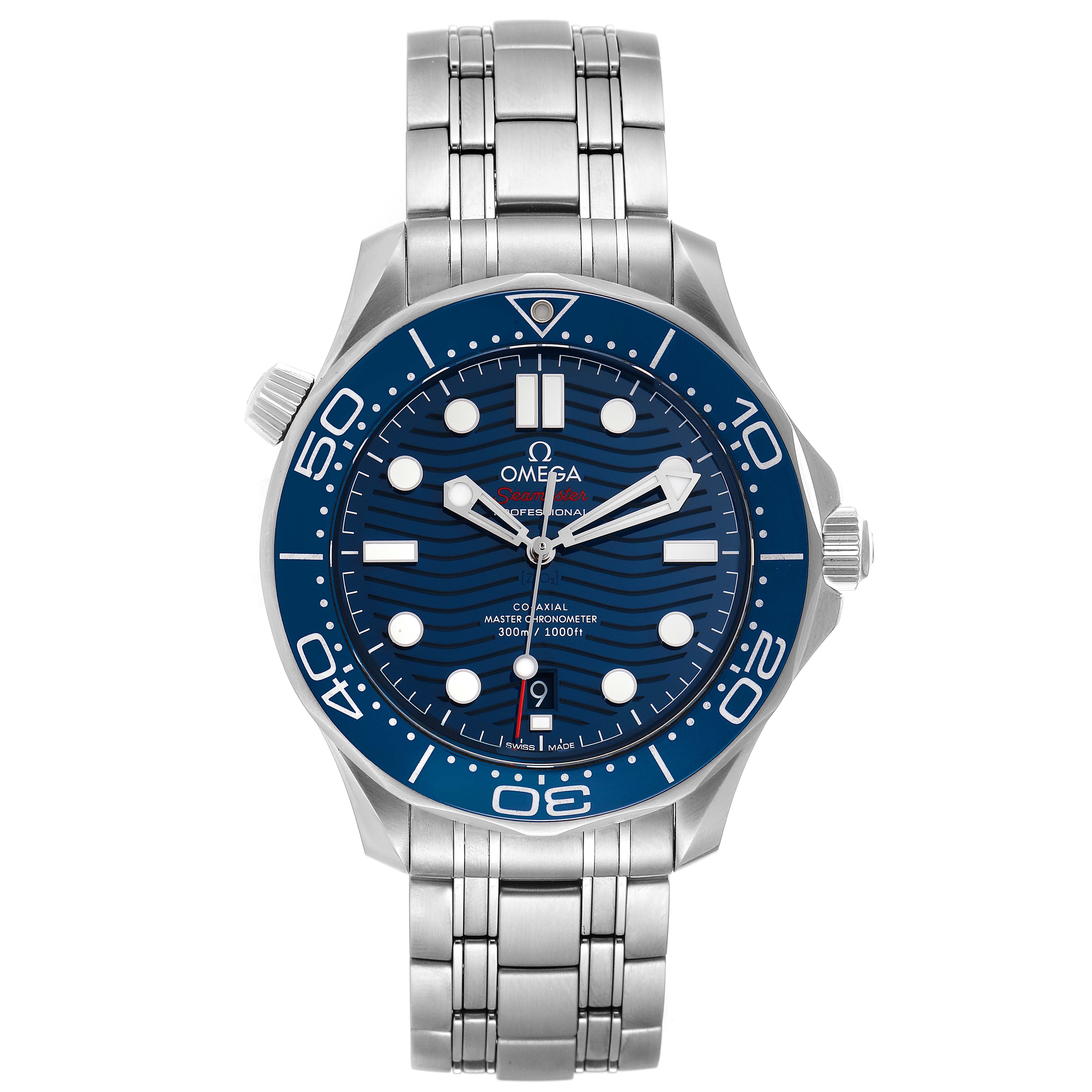 This Omega Seamaster 210.30.42.20.03.001 Men's Stainless Steel Blue Dial 210.30.42.20.03.001 Men's Stainless Steel Blue Dial model is shown from a front angle displaying its blue dial, bezel, and metal bracelet.