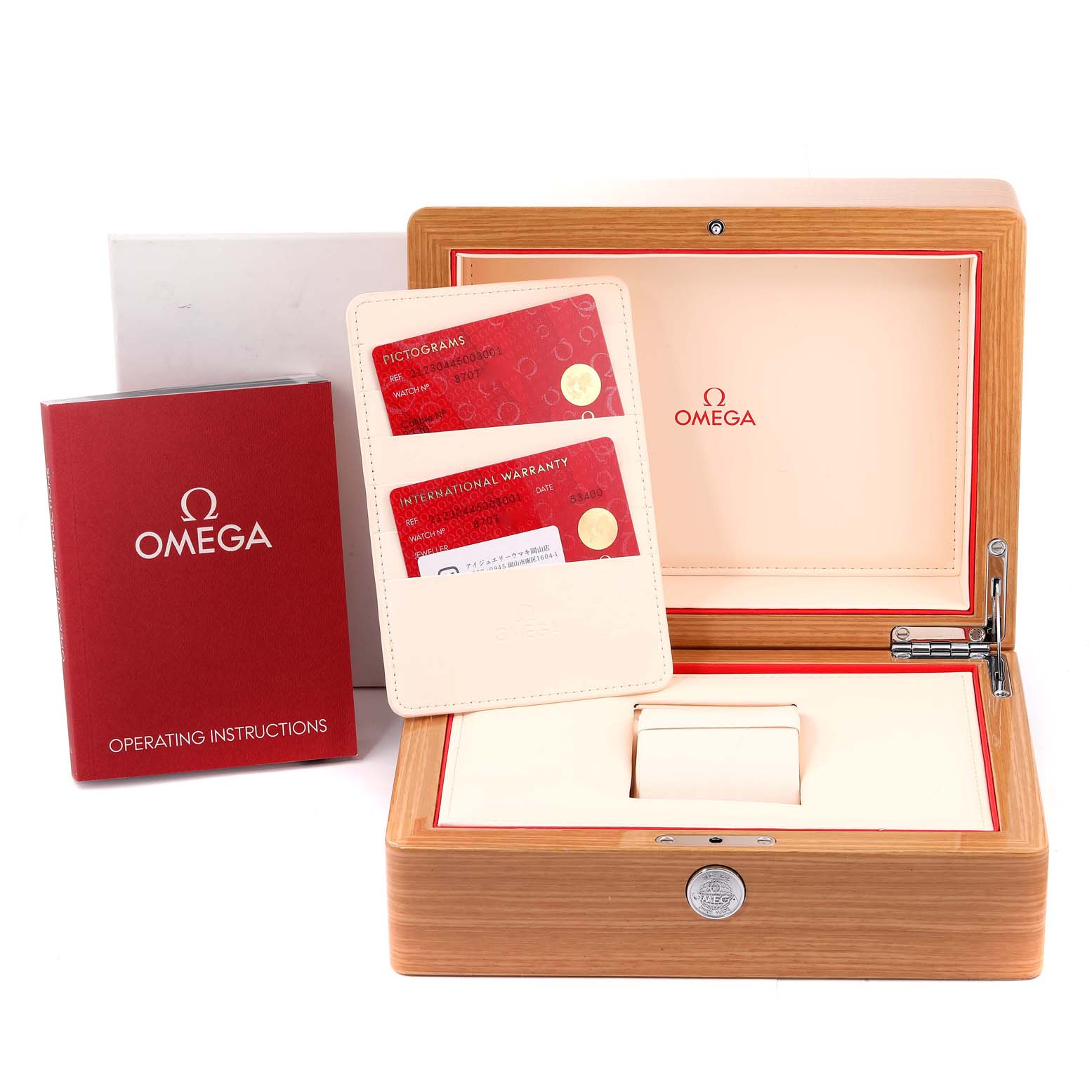 The image shows an Omega Seamaster 212.30.44.50.03.001 Men's Stainless Steel Blue Dial 212.30.44.50.03.001 Men's Stainless Steel Blue Dial watch box, operating instructions, and warranty cards from a front angle.