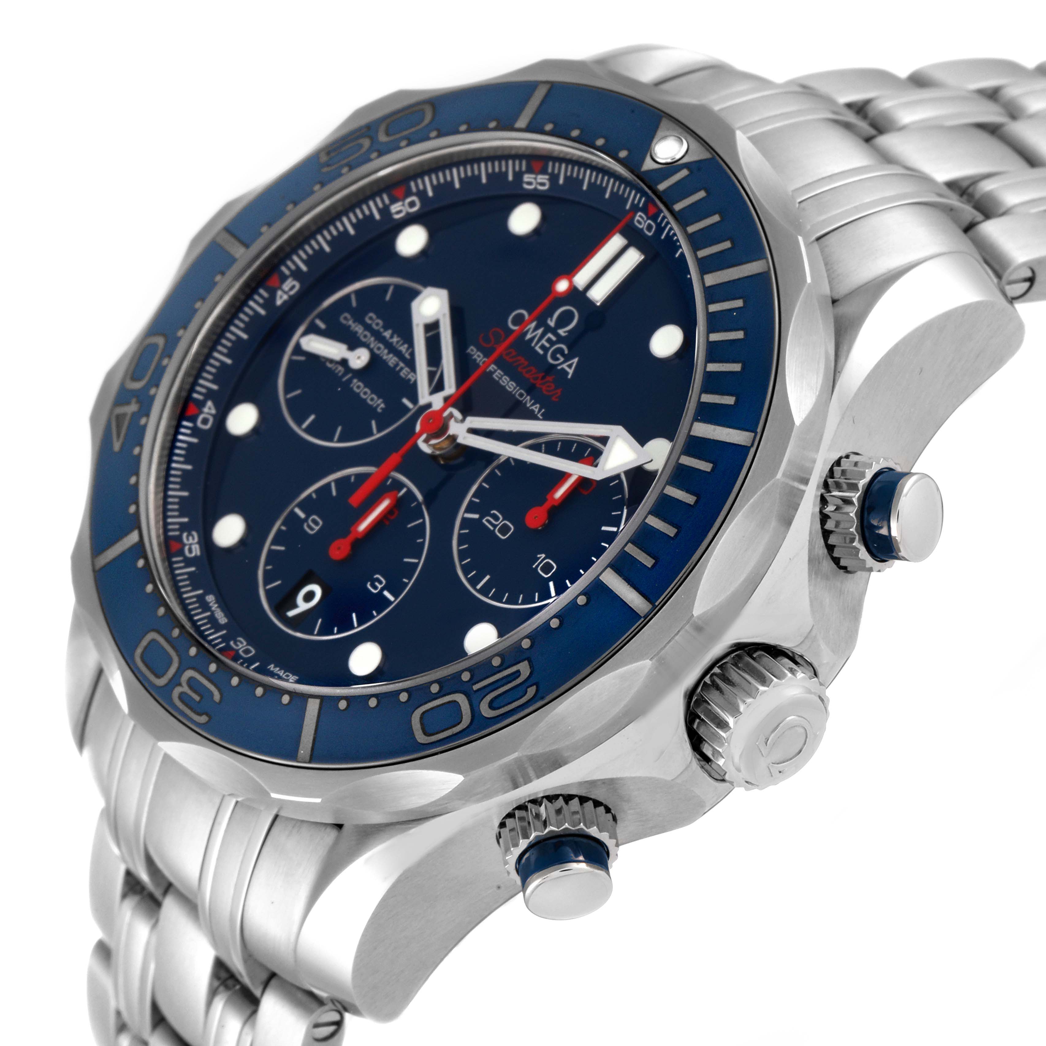 The photo shows a side view of the Omega Seamaster 212.30.44.50.03.001 Men's Stainless Steel Blue Dial 212.30.44.50.03.001 Men's Stainless Steel Blue Dial watch, highlighting its dial, bezel, and crown.