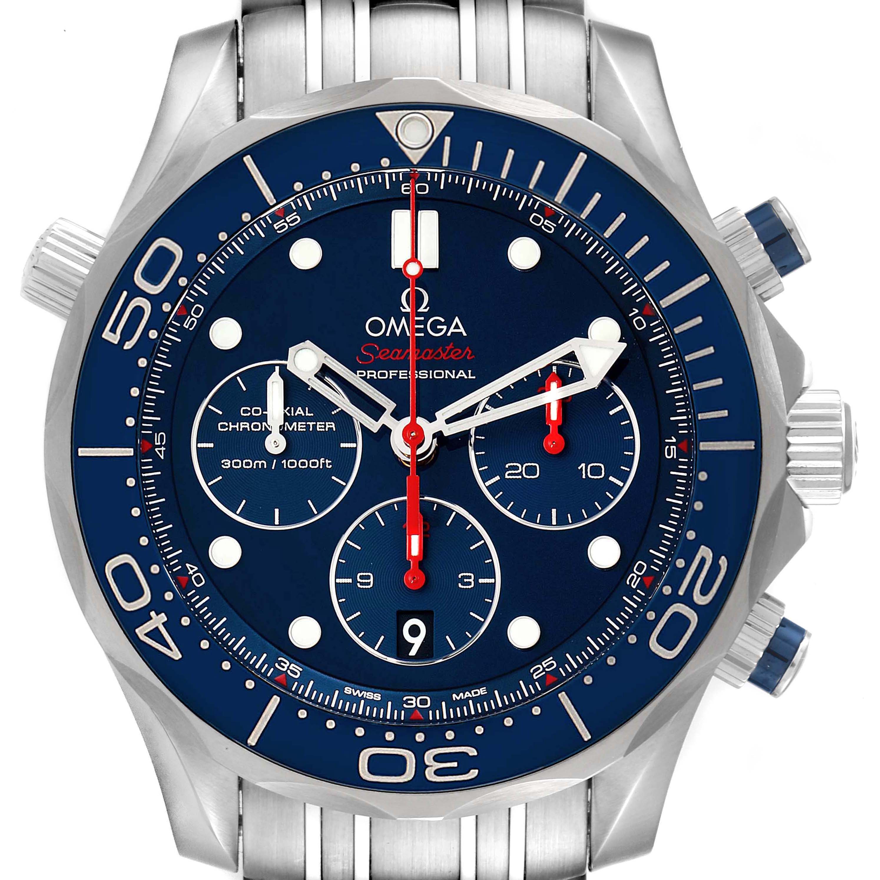 This image shows a front view of an Omega Seamaster 212.30.44.50.03.001 Men's Stainless Steel Blue Dial 212.30.44.50.03.001 Men's Stainless Steel Blue Dial watch, highlighting its blue dial, chronograph sub-dials, and stainless steel case and bracelet.