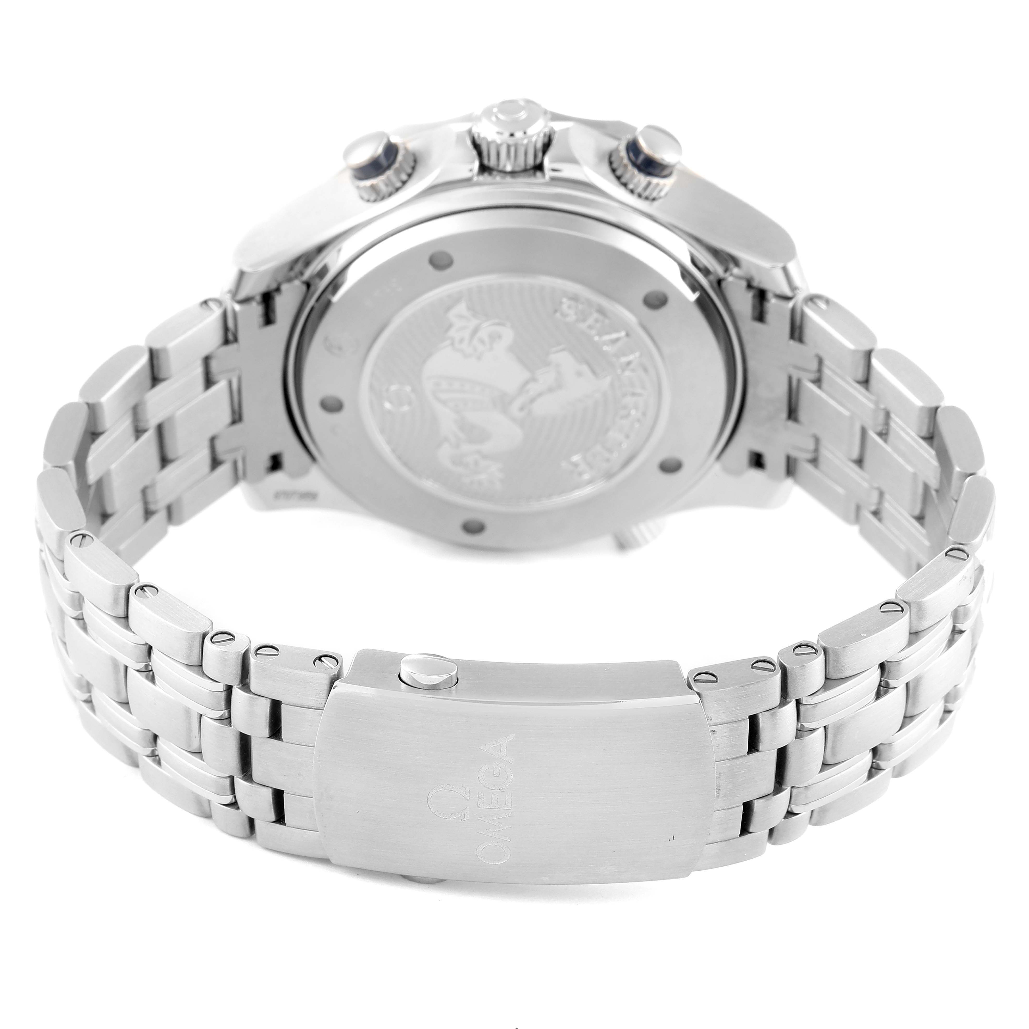 The image shows the back view and part of the bracelet of an Omega Seamaster 212.30.44.50.03.001 Men's Stainless Steel Blue Dial 212.30.44.50.03.001 Men's Stainless Steel Blue Dial watch, highlighting the clasp and case back.