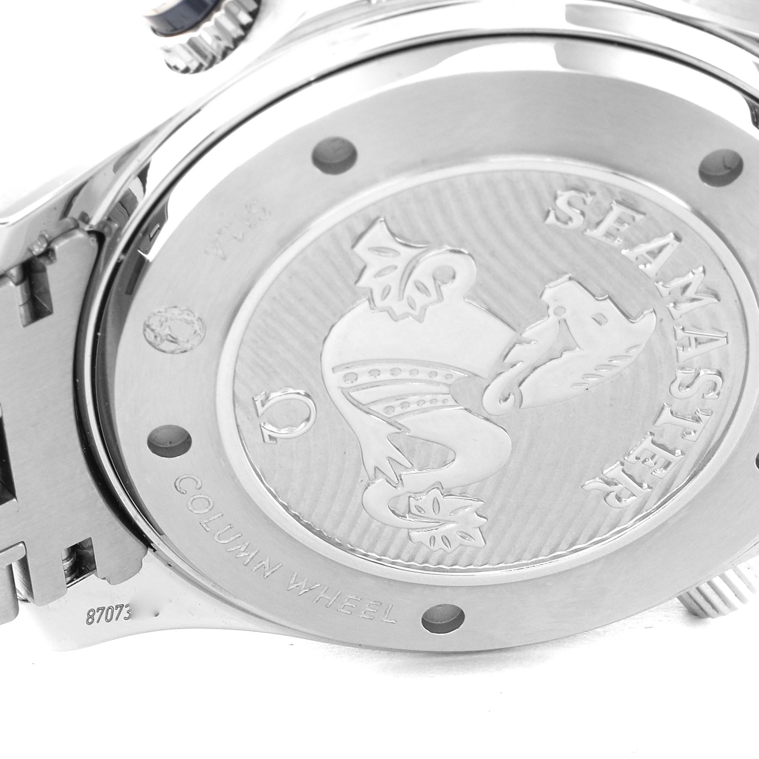 This image shows the case back of an Omega Seamaster 212.30.44.50.03.001 Men's Stainless Steel Blue Dial 212.30.44.50.03.001 Men's Stainless Steel Blue Dial watch, highlighting the engraved design and model details.