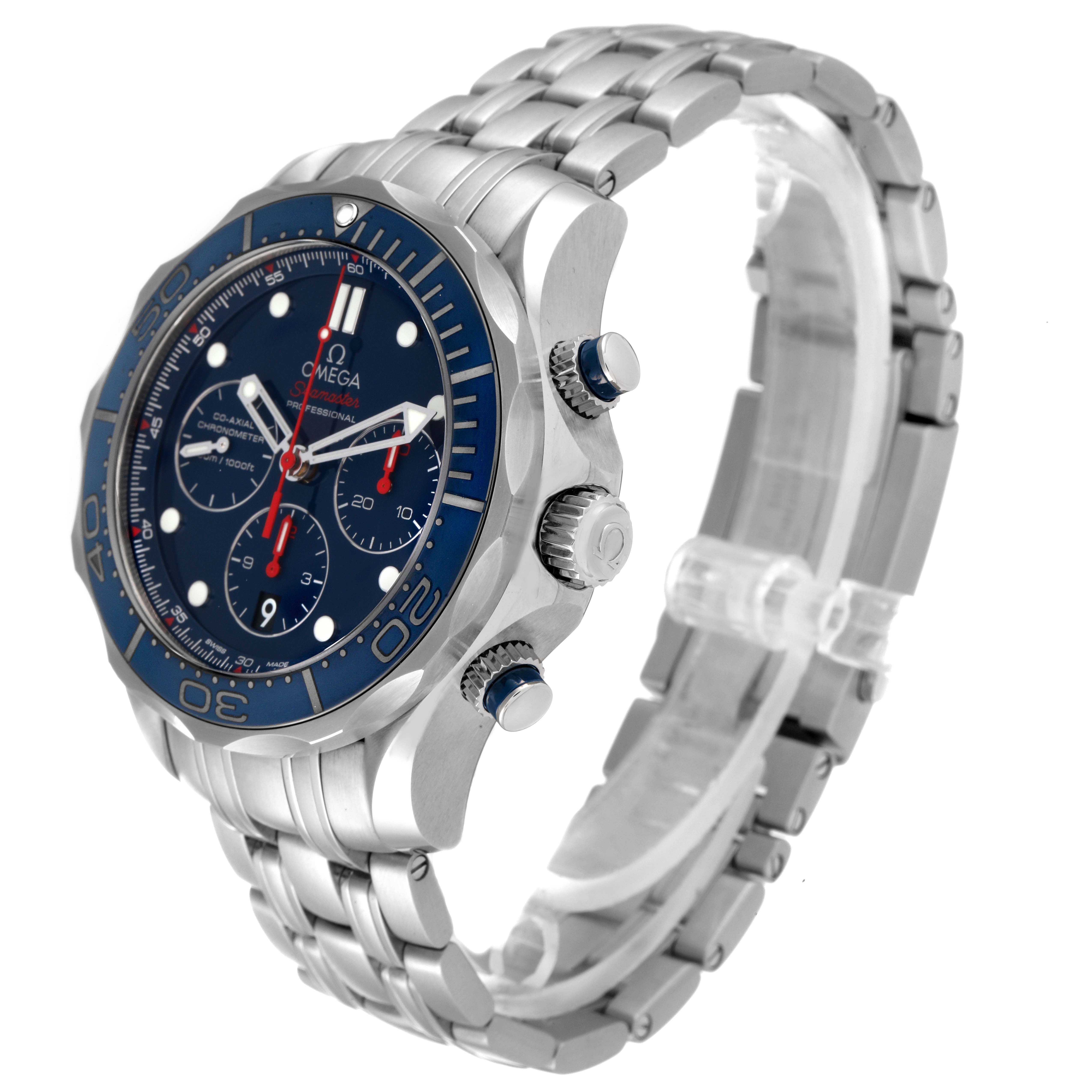 The Omega Seamaster 212.30.44.50.03.001 Men's Stainless Steel Blue Dial 212.30.44.50.03.001 Men's Stainless Steel Blue Dial watch is shown at a three-quarter angle, displaying its dial, bezel, crown, pushers, and metal bracelet.