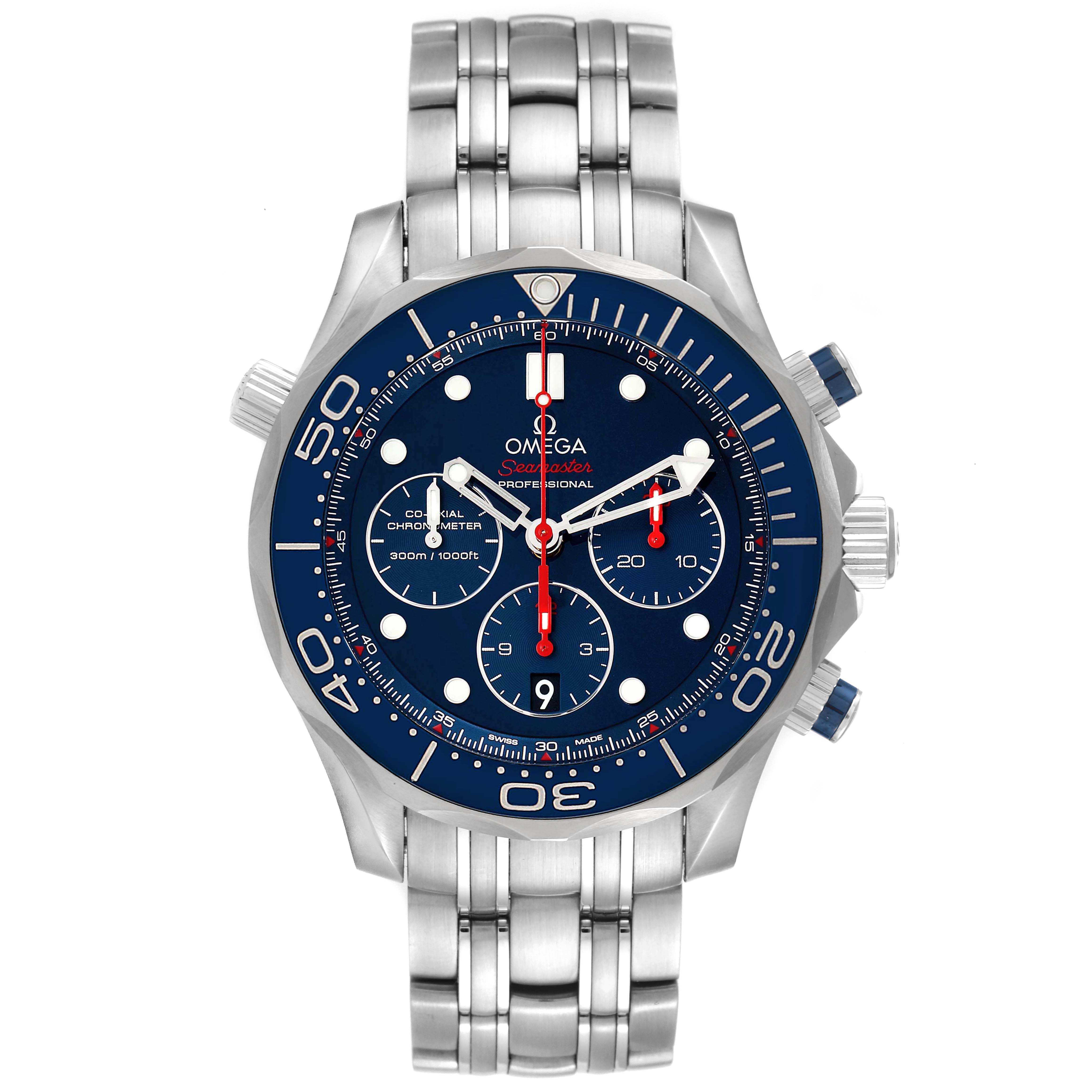 The image shows a front view of an Omega Seamaster 212.30.44.50.03.001 Men's Stainless Steel Blue Dial 212.30.44.50.03.001 Men's Stainless Steel Blue Dial watch, detailing the blue dial, chronograph subdials, and stainless steel bracelet.