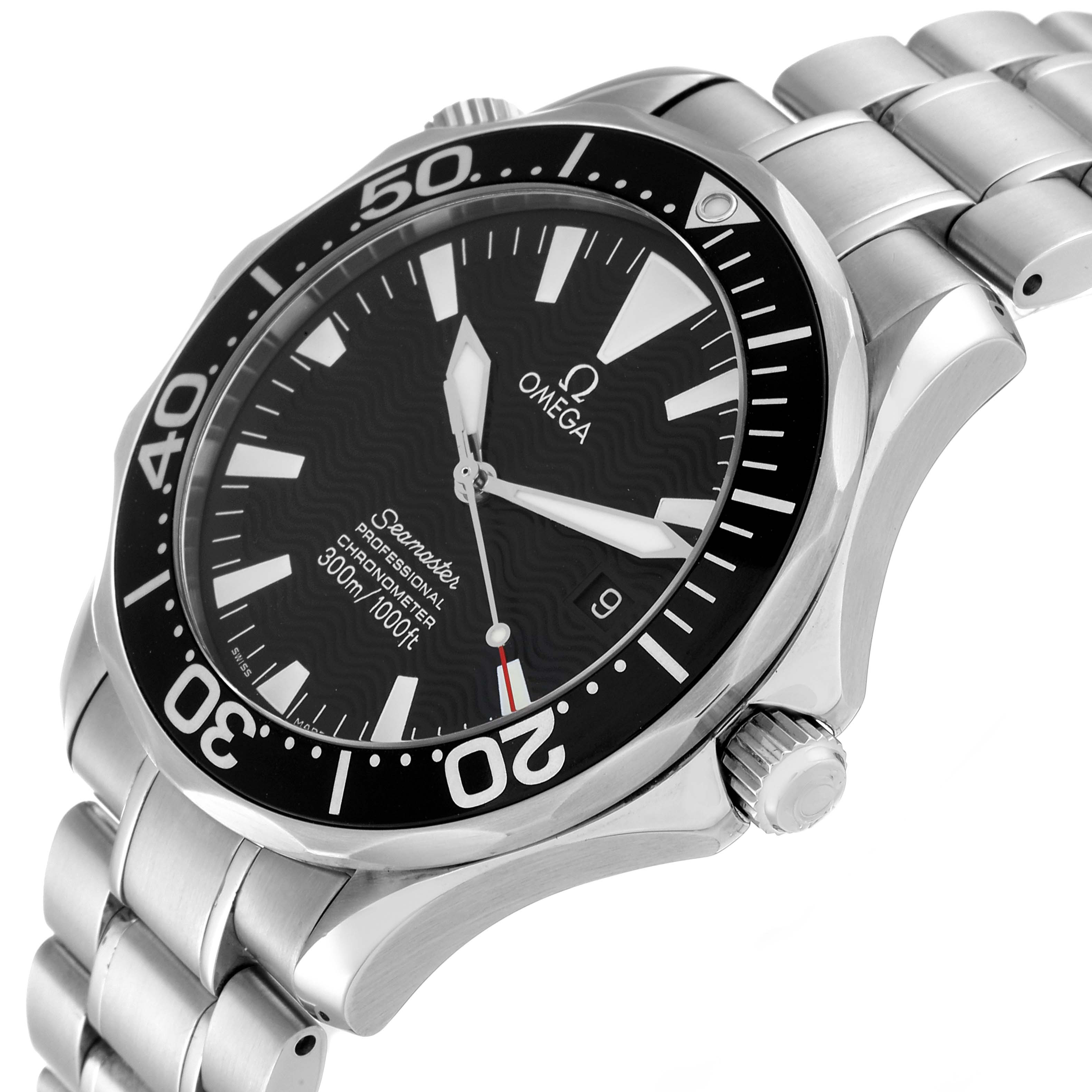This image shows an Omega Seamaster 2254.50.00 Men's Stainless Steel Black Dial 2254.50.00 Men's Stainless Steel Black Dial watch at a slight left-side angle, highlighting its bezel, crown, bracelet, and black dial.