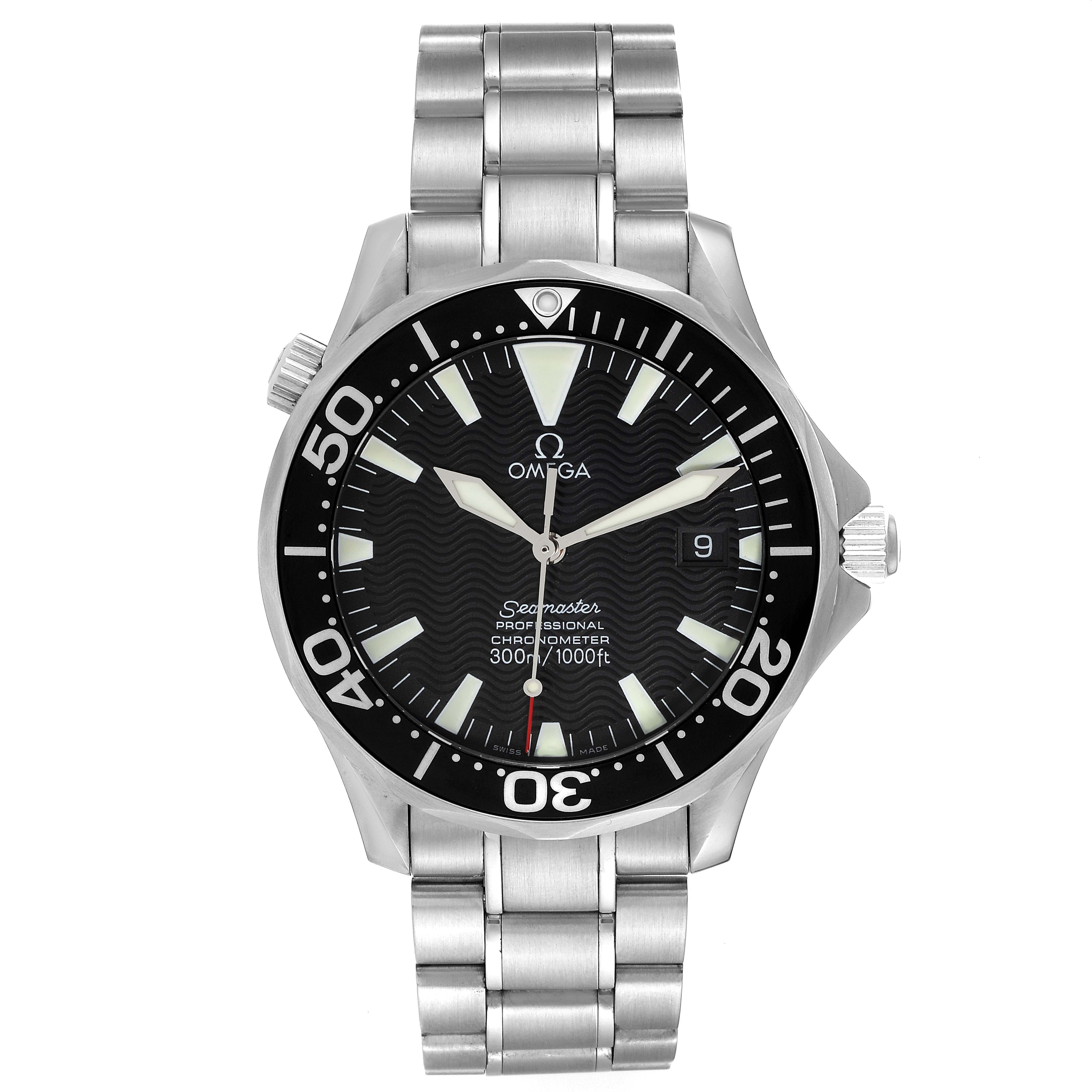 The image shows a front view of the Omega Seamaster 2254.50.00 Men's Stainless Steel Black Dial 2254.50.00 Men's Stainless Steel Black Dial watch, highlighting its dial, bezel, and bracelet.