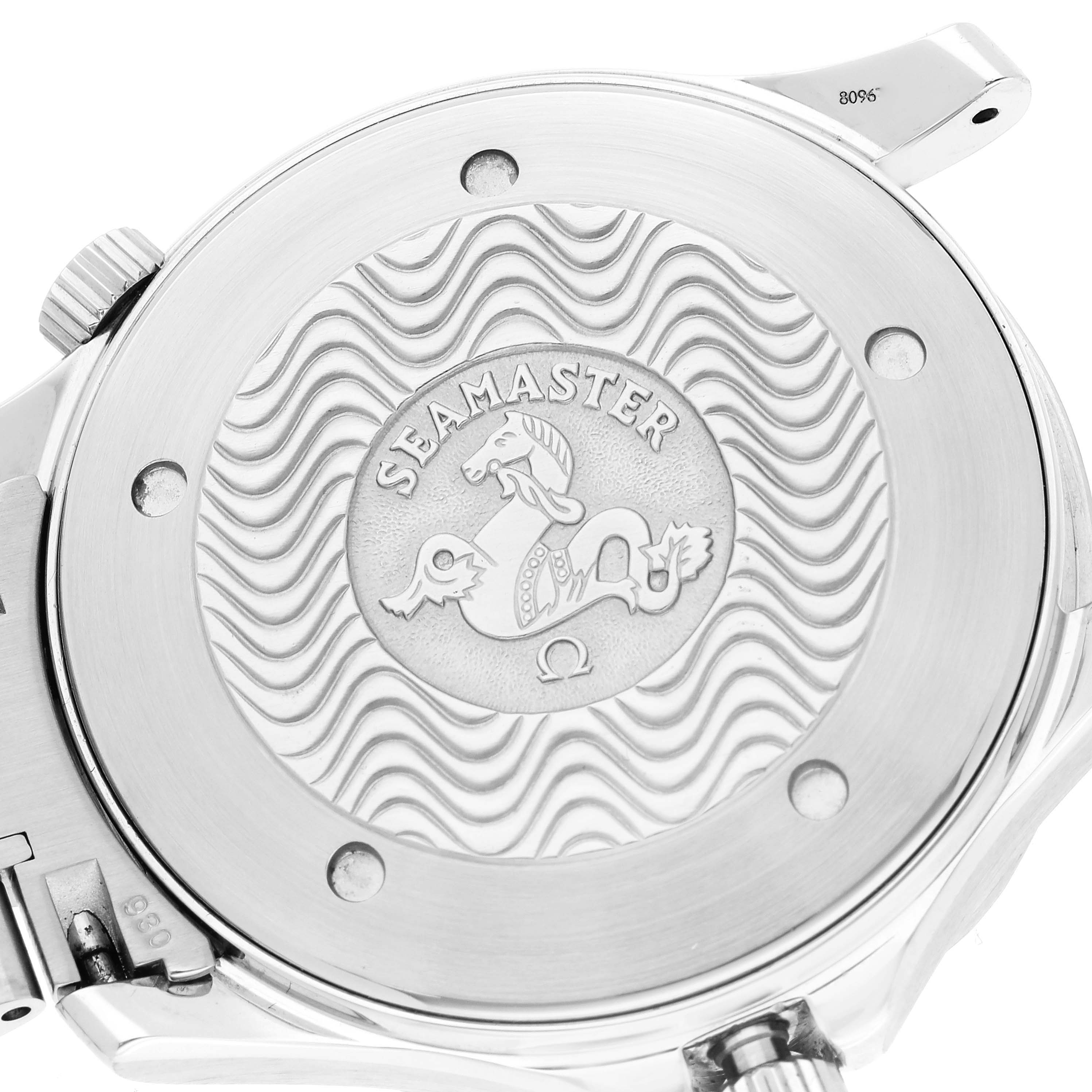 This image shows the case back of the Omega Seamaster 2254.50.00 Men's Stainless Steel Black Dial 2254.50.00 Men's Stainless Steel Black Dial watch, featuring the brand's engraved logo.