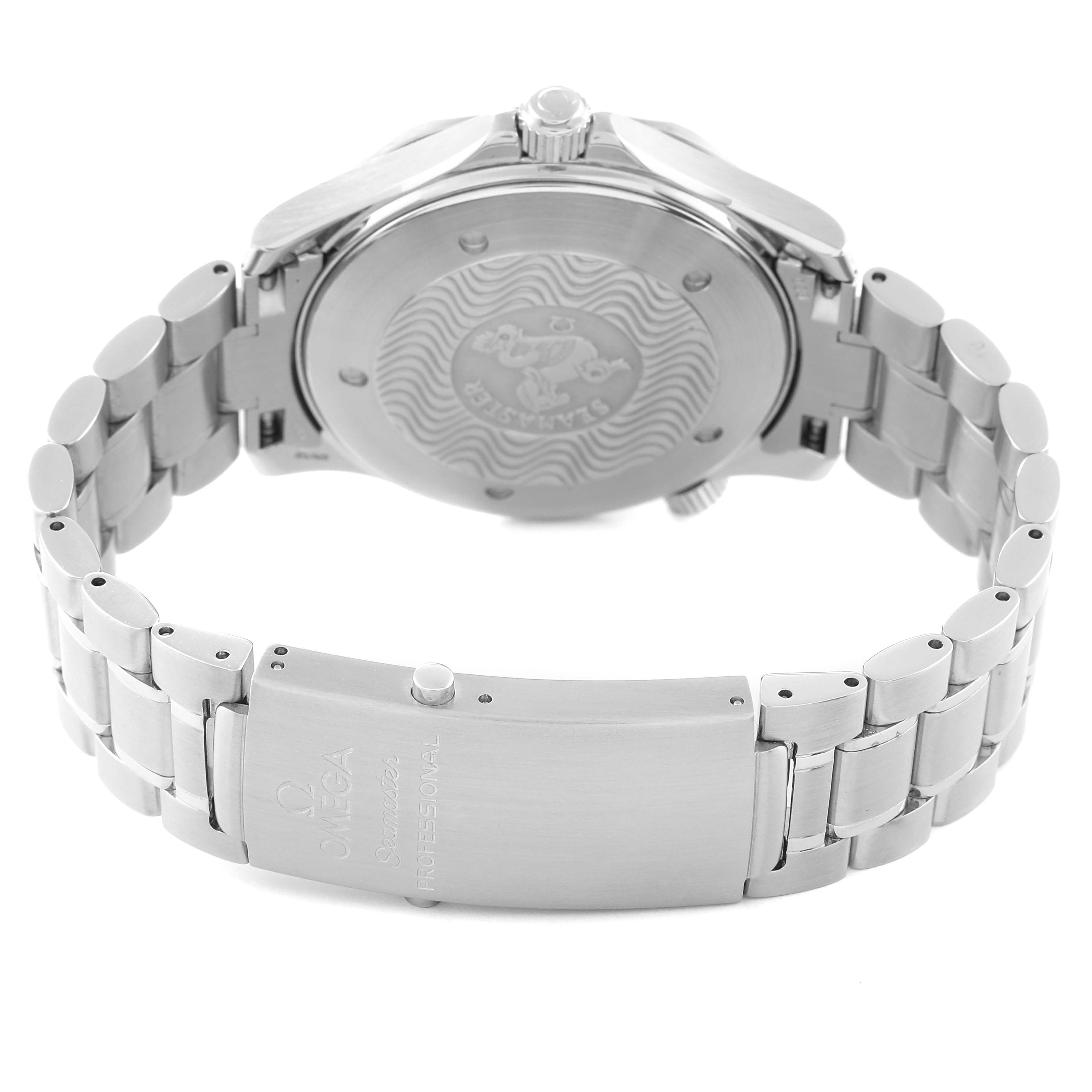 The image shows the backside, clasp, and stainless steel bracelet of the Omega Seamaster 2254.50.00 Men's Stainless Steel Black Dial 2254.50.00 Men's Stainless Steel Black Dial watch.