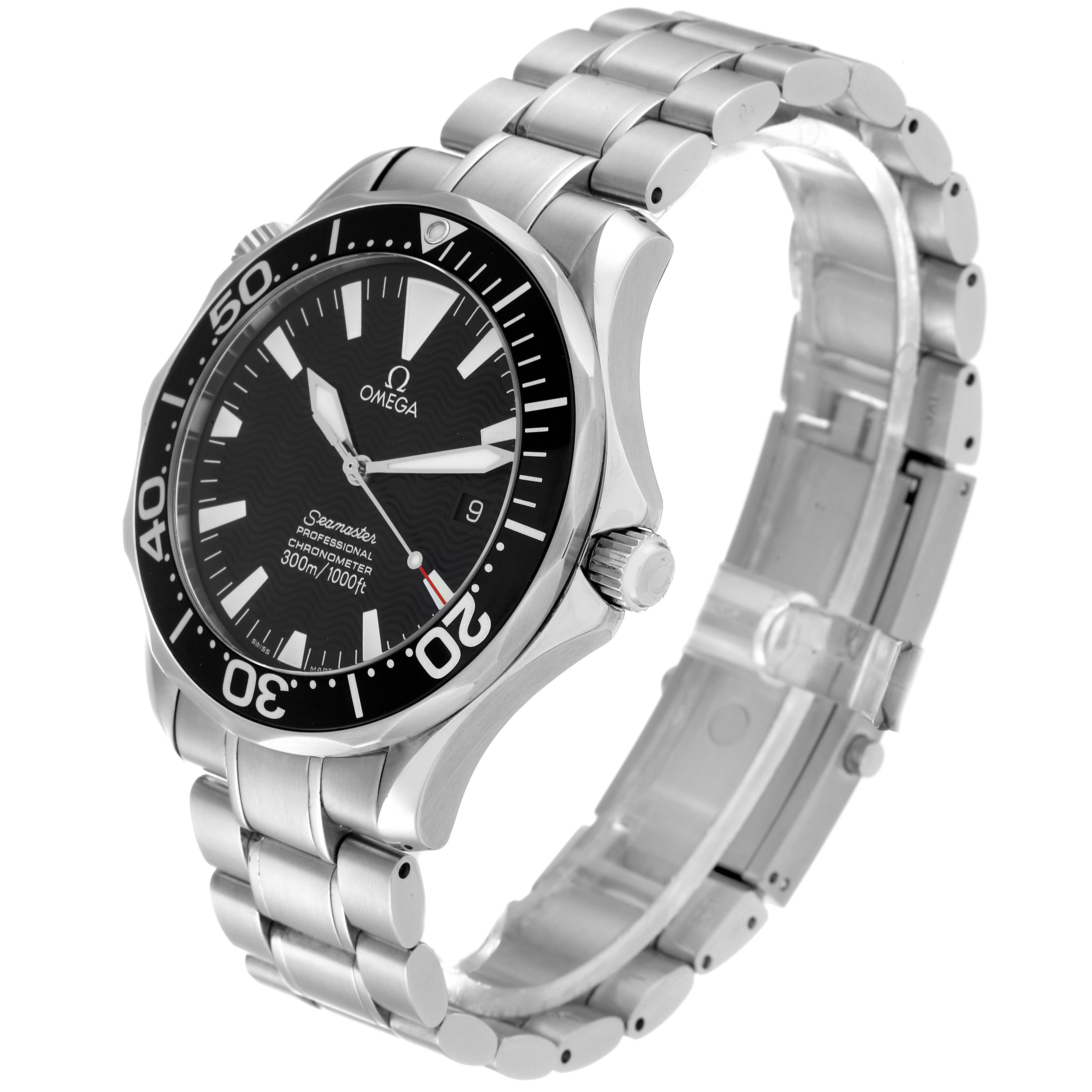 The image shows a side view of the Omega Seamaster 2254.50.00 Men's Stainless Steel Black Dial 2254.50.00 Men's Stainless Steel Black Dial watch, displaying its bezel, dial, bracelet, and clasp.