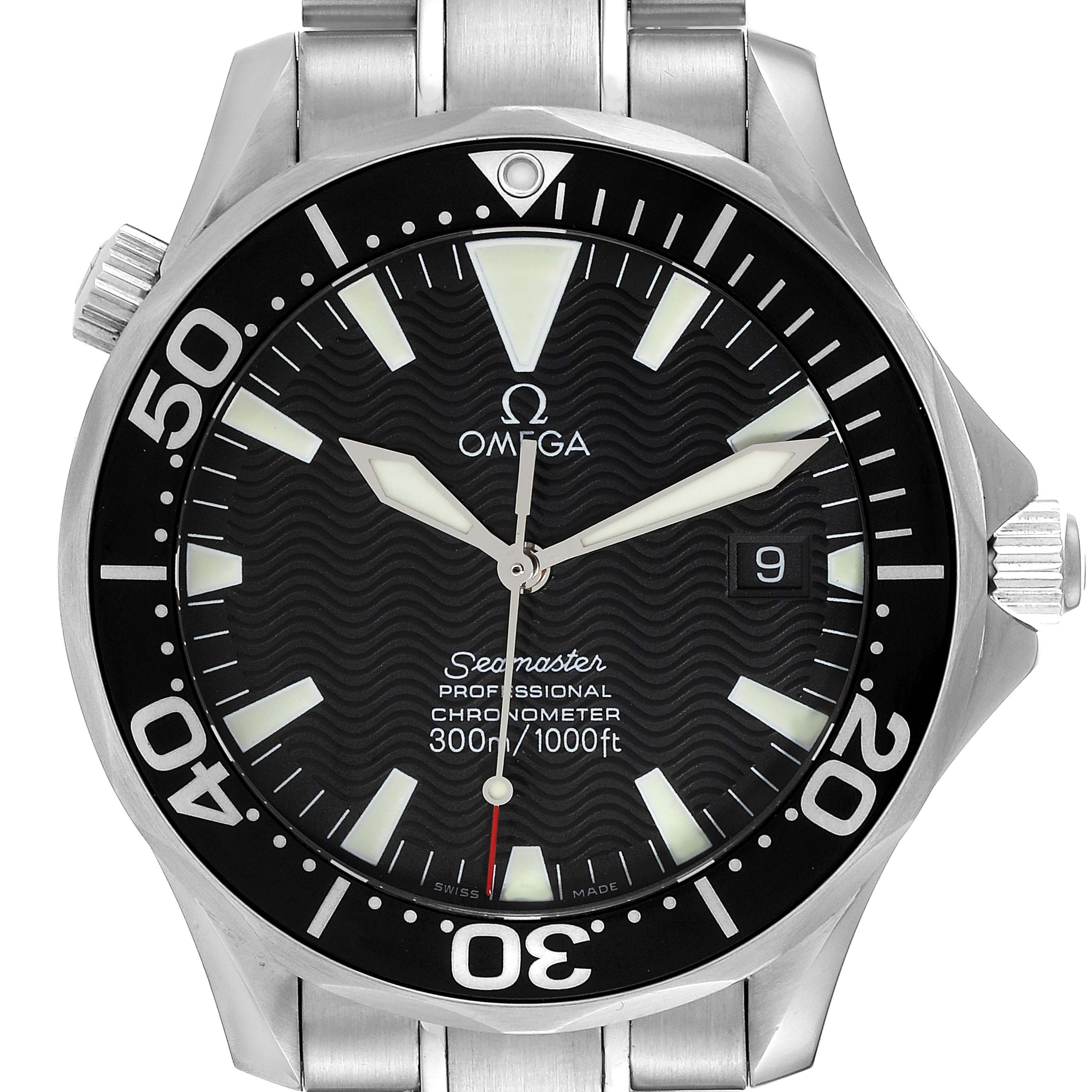 The Omega Seamaster 2254.50.00 Men's Stainless Steel Black Dial 2254.50.00 Men's Stainless Steel Black Dial watch is shown from a front angle, highlighting its dial, bezel, hands, and stainless steel bracelet.
