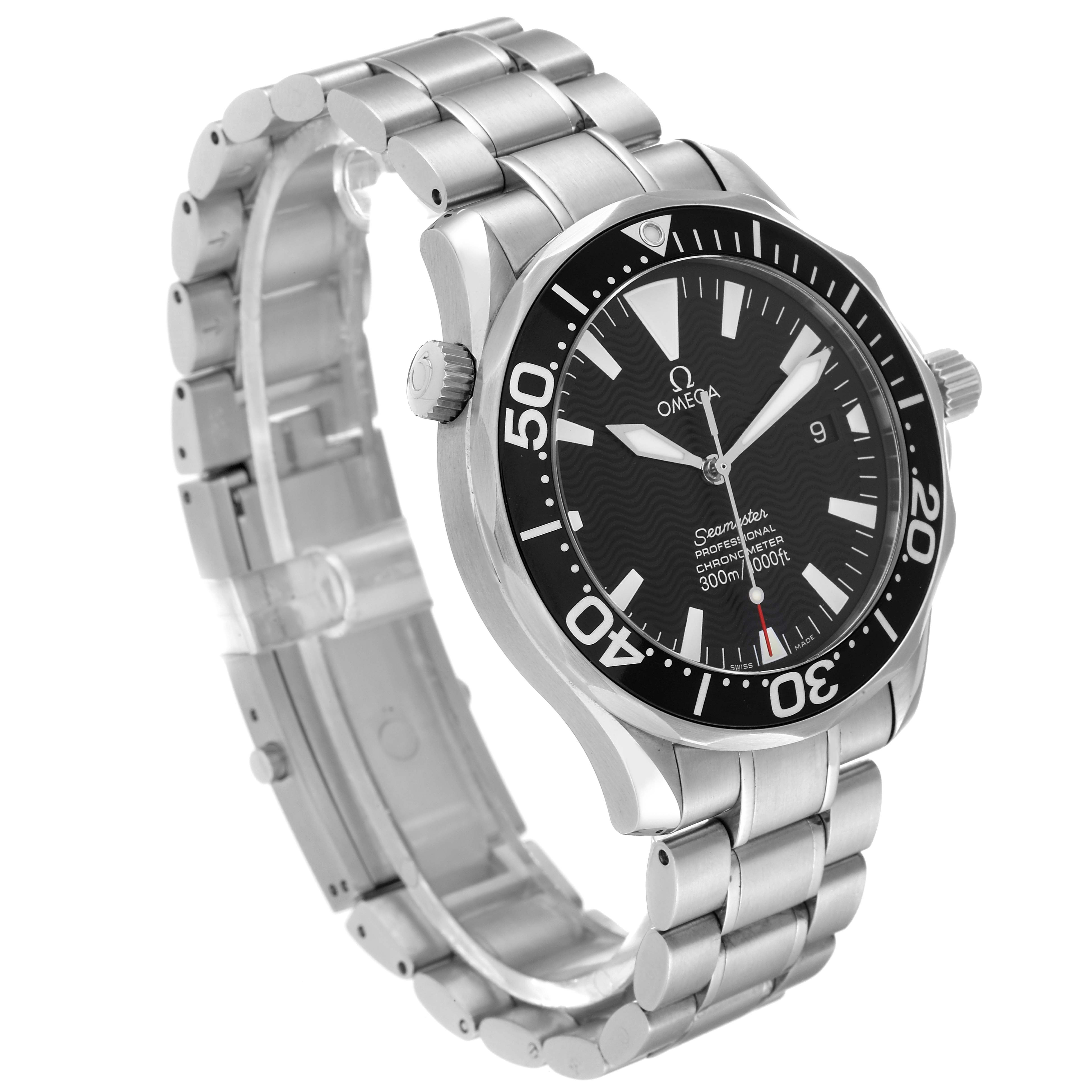 This image shows a side angle of the Omega Seamaster 2254.50.00 Men's Stainless Steel Black Dial 2254.50.00 Men's Stainless Steel Black Dial watch, highlighting its face, bezel, and metal strap.