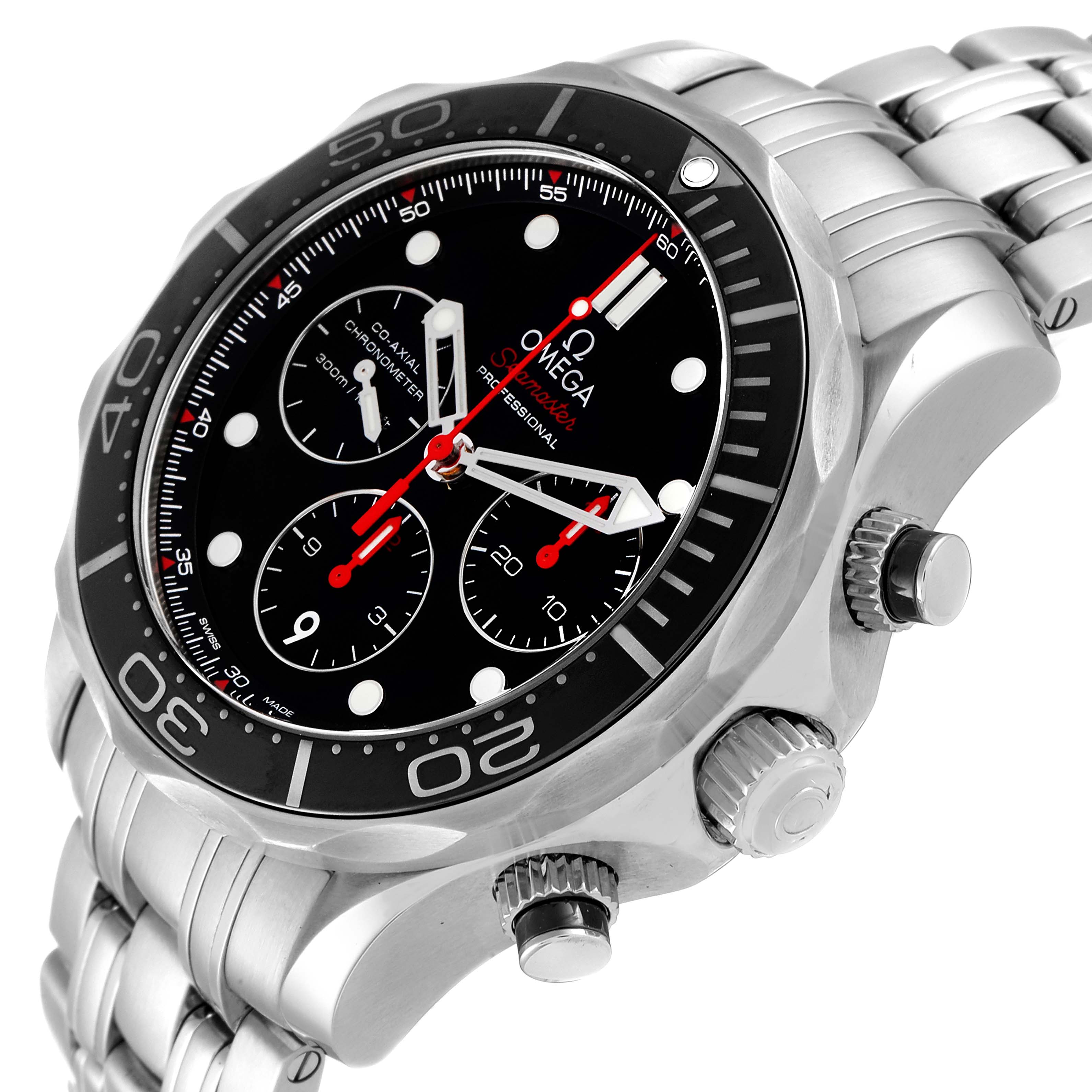 The image shows an angled view of the Omega Seamaster 212.30.44.50.01.001 Men's Stainless Steel Black Dial 212.30.44.50.01.001 Men's Stainless Steel Black Dial watch, highlighting the bezel, dial, chronograph sub-dials, and bracelet.