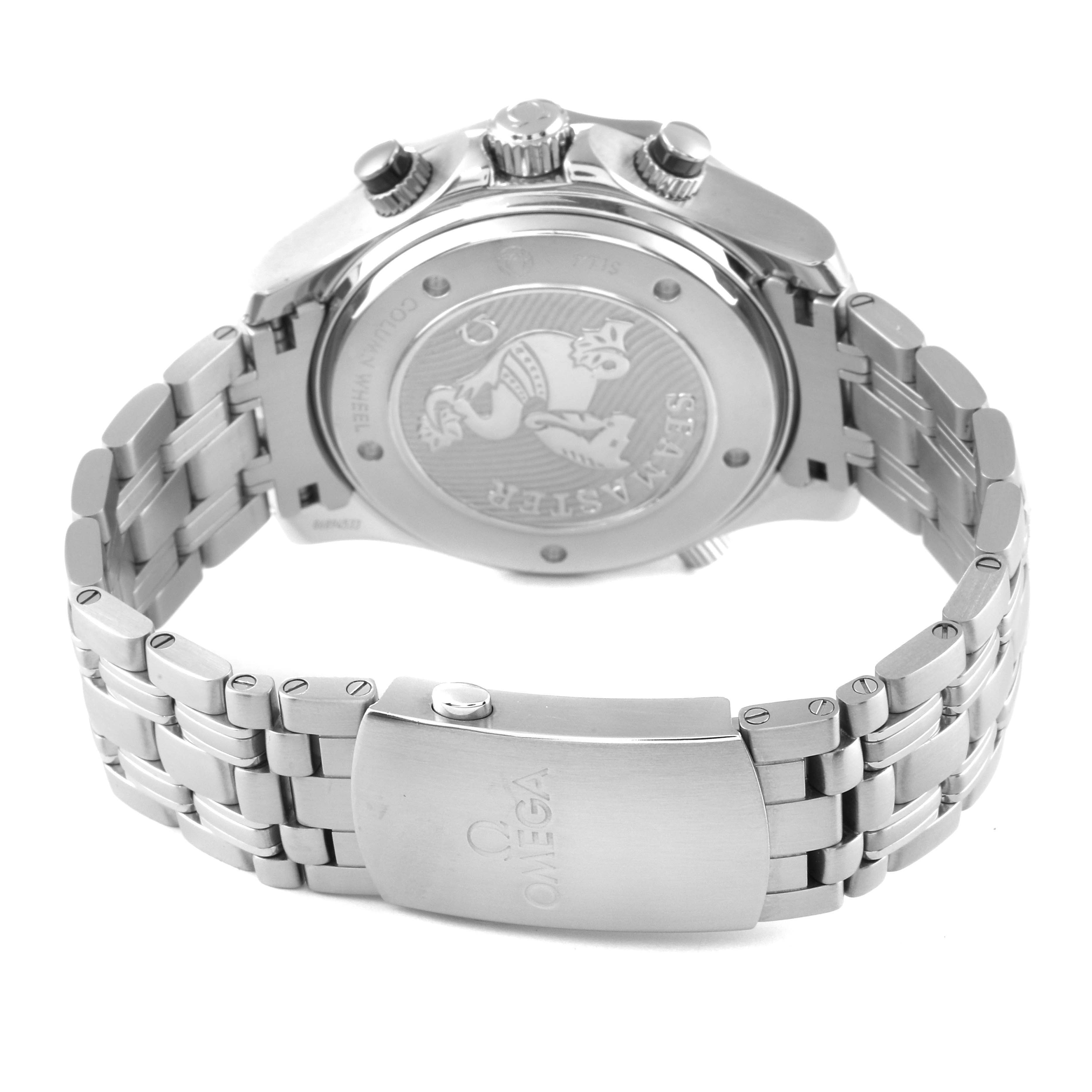 The image displays the back and clasp of an Omega Seamaster 212.30.44.50.01.001 Men's Stainless Steel Black Dial 212.30.44.50.01.001 Men's Stainless Steel Black Dial watch, highlighting its case back design and metal bracelet.