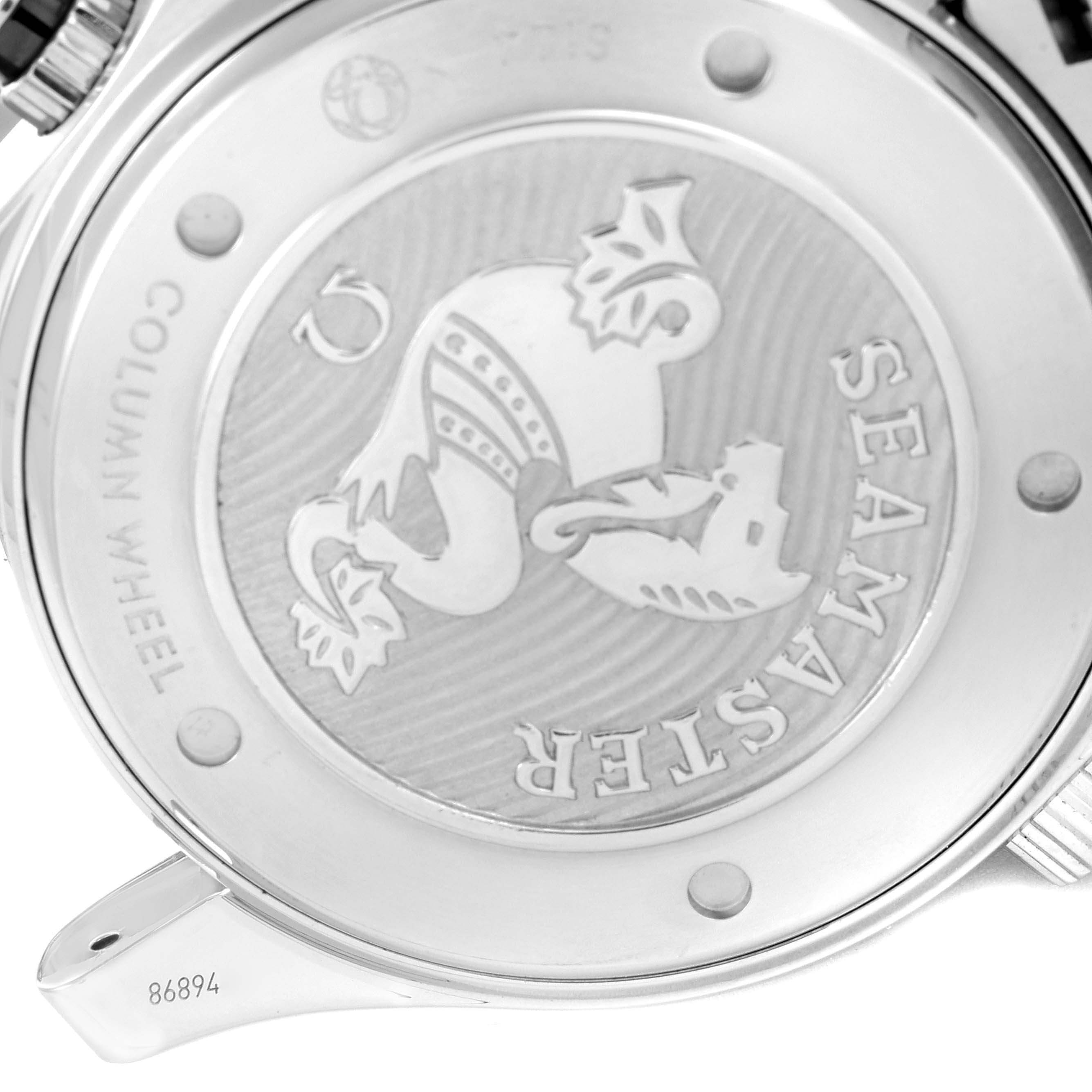 This image shows the back case of an Omega Seamaster 212.30.44.50.01.001 Men's Stainless Steel Black Dial 212.30.44.50.01.001 Men's Stainless Steel Black Dial watch, highlighting the emblem and model details.