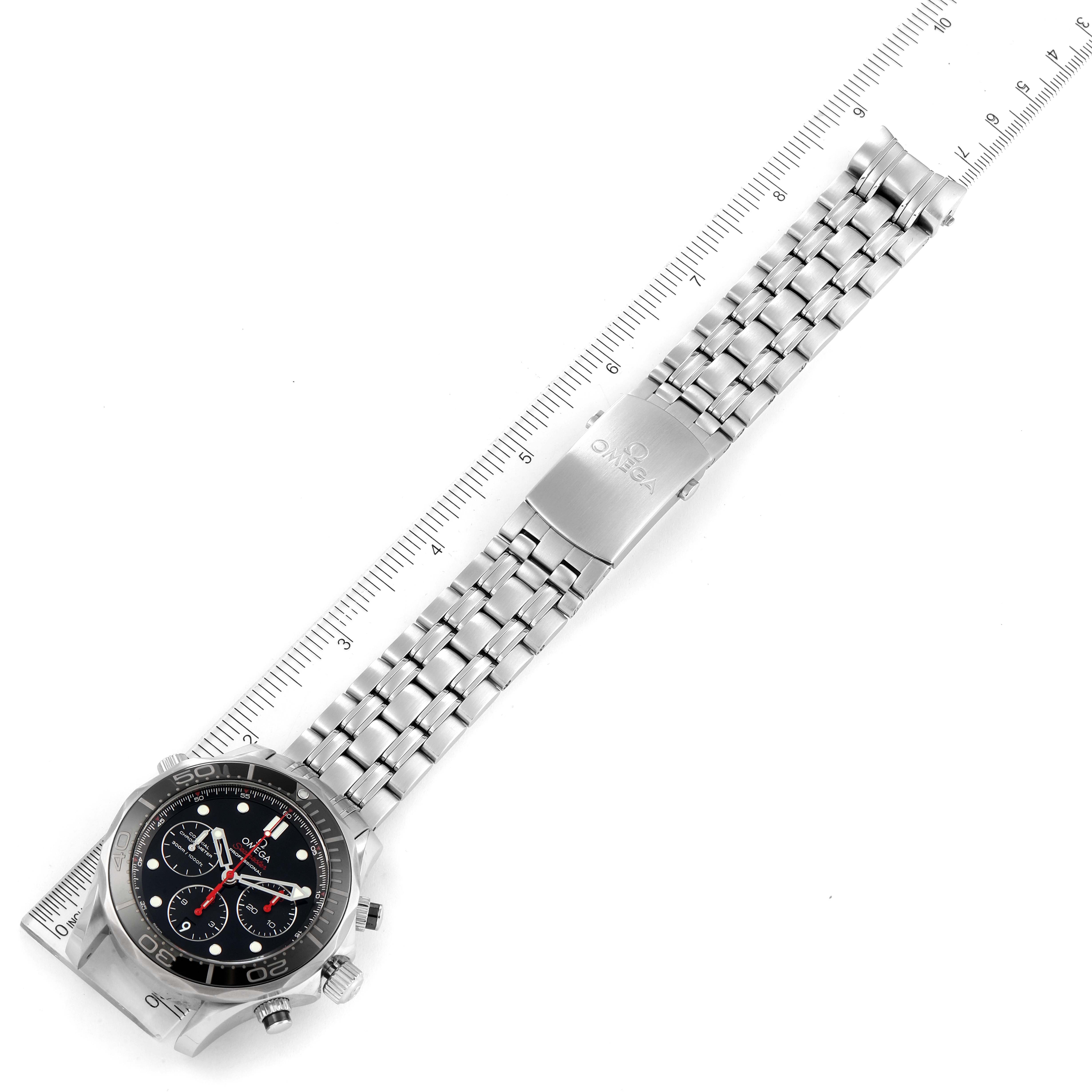 The Omega Seamaster 212.30.44.50.01.001 Men's Stainless Steel Black Dial 212.30.44.50.01.001 Men's Stainless Steel Black Dial watch is shown from a top-down angle, displaying the face, stainless steel bracelet, and clasp.