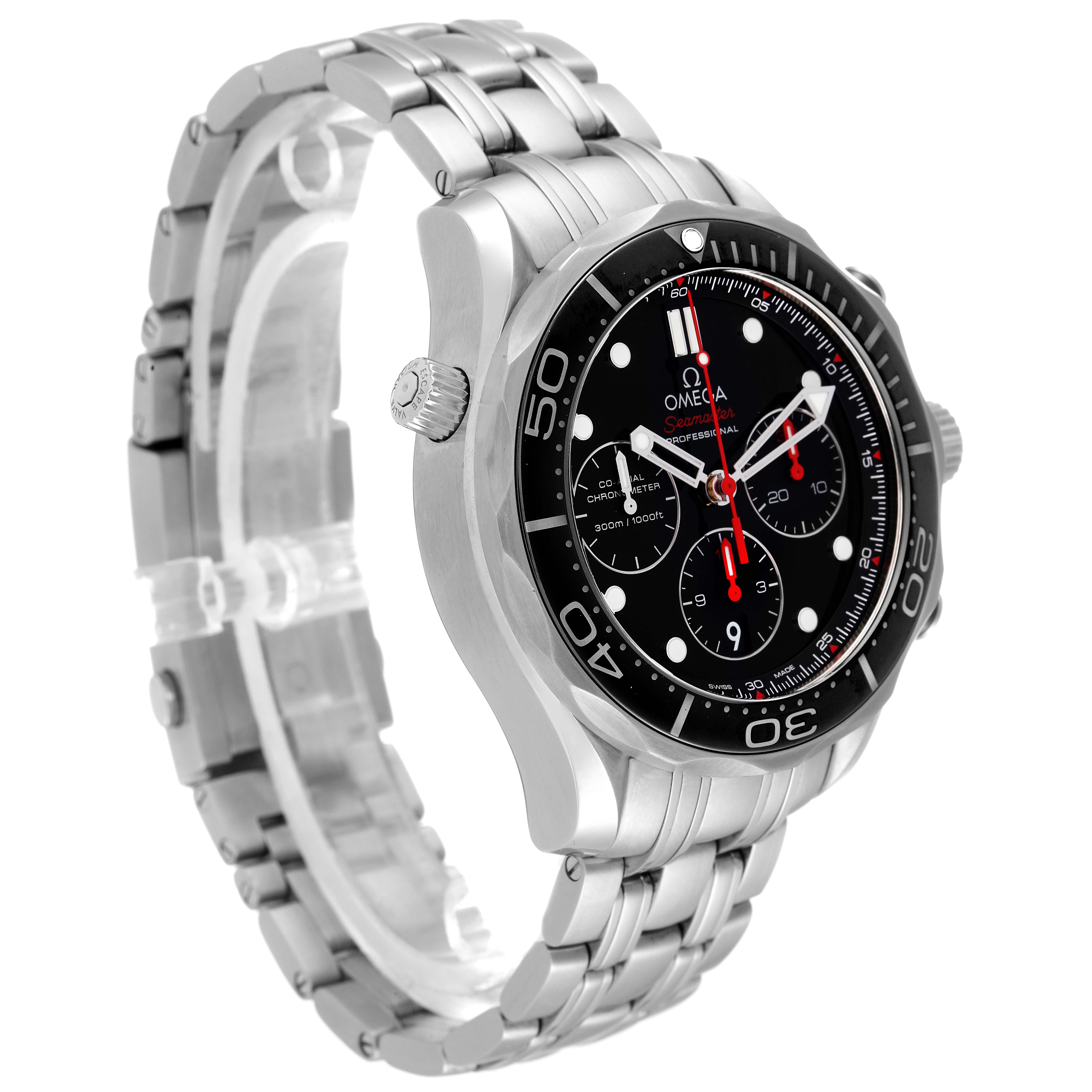 The Omega Seamaster 212.30.44.50.01.001 Men's Stainless Steel Black Dial 212.30.44.50.01.001 Men's Stainless Steel Black Dial watch is shown at an angle highlighting the face, bezel, and metal strap.