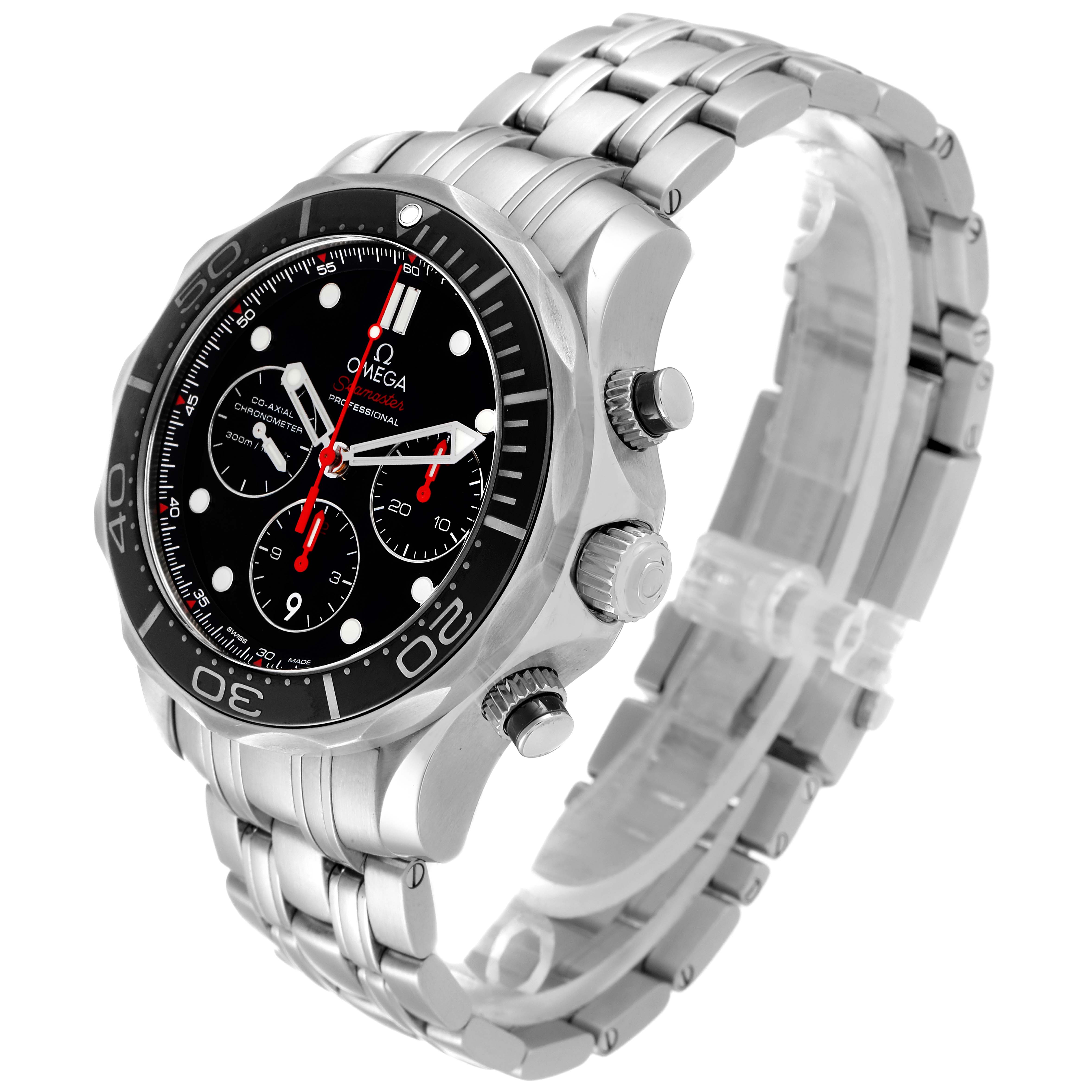 The Omega Seamaster 212.30.44.50.01.001 Men's Stainless Steel Black Dial 212.30.44.50.01.001 Men's Stainless Steel Black Dial watch is shown at an angled side view, highlighting its bezel, dial, and stainless steel bracelet.