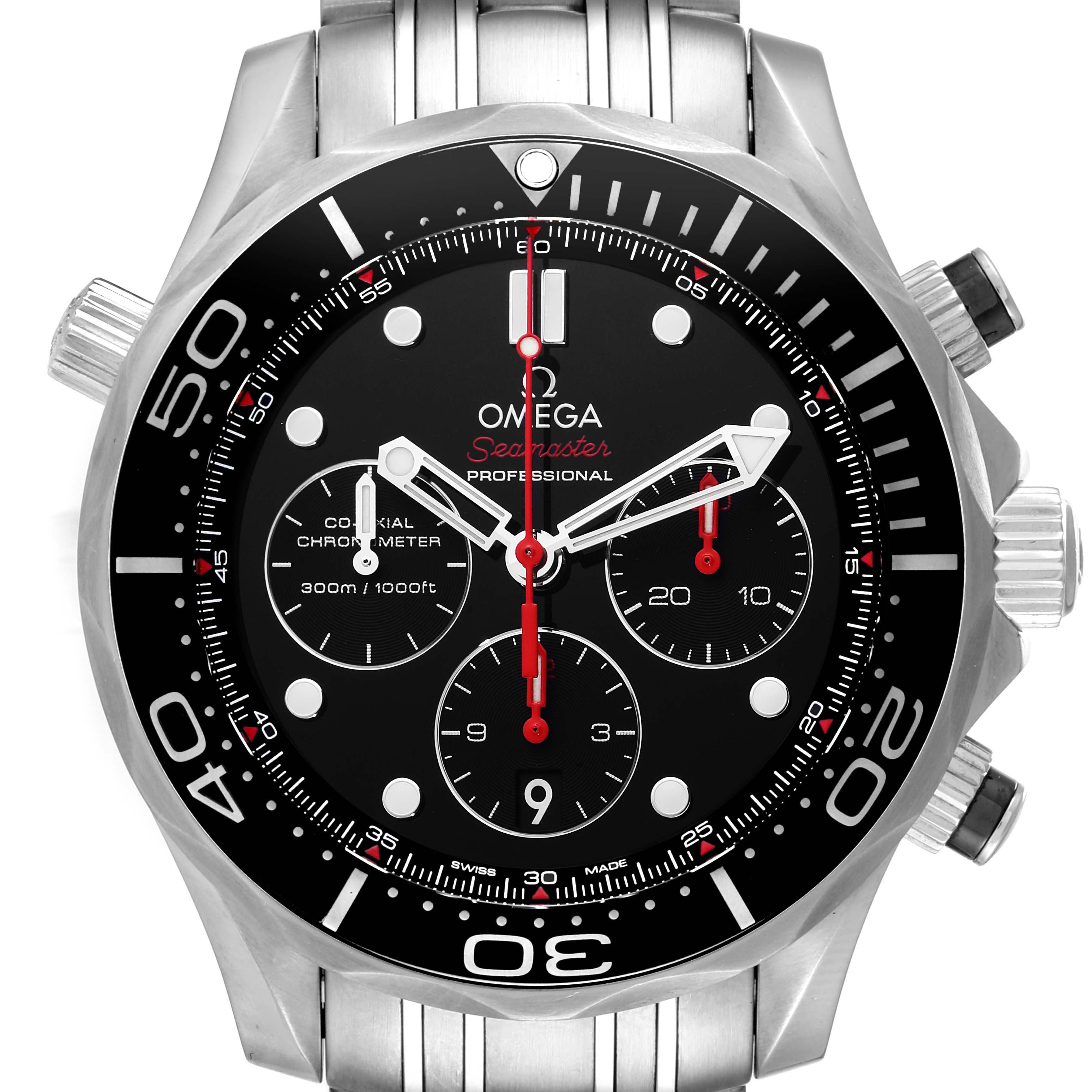 The image shows a front view of the Omega Seamaster 212.30.44.50.01.001 Men's Stainless Steel Black Dial 212.30.44.50.01.001 Men's Stainless Steel Black Dial watch, highlighting its dial, chronograph subdials, and stainless steel bracelet.