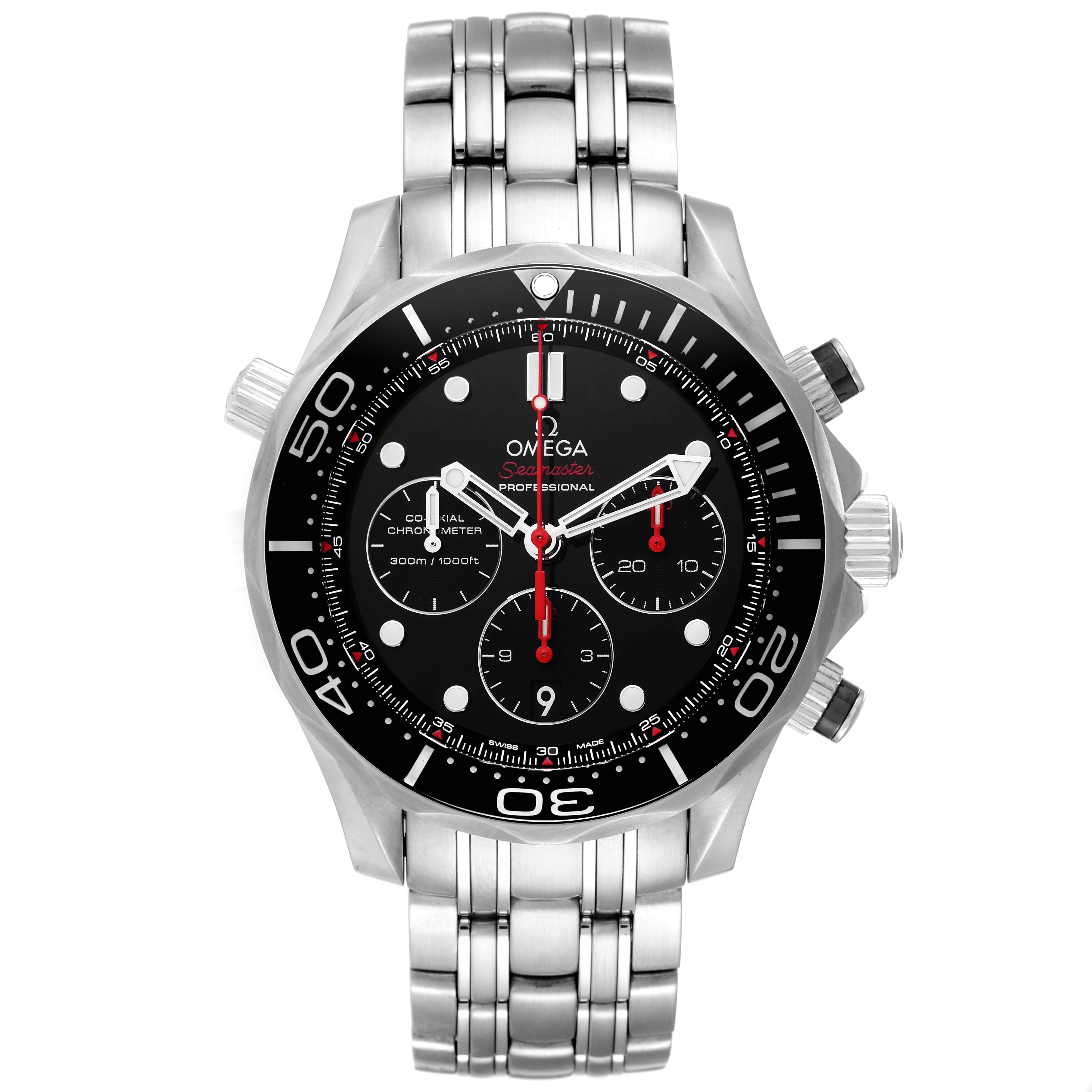 This image shows a front view of an Omega Seamaster 212.30.44.50.01.001 Men's Stainless Steel Black Dial 212.30.44.50.01.001 Men's Stainless Steel Black Dial watch, highlighting its dial, bezel, and stainless steel bracelet.