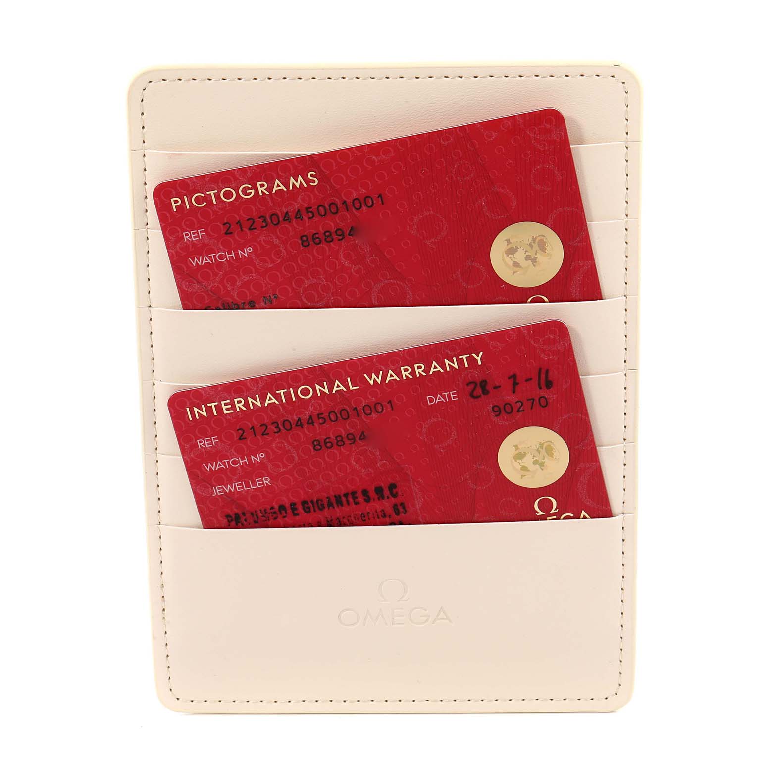 The image shows the warranty and pictogram cards for the Omega Seamaster 212.30.44.50.01.001 Men's Stainless Steel Black Dial 212.30.44.50.01.001 Men's Stainless Steel Black Dial, placed in a holder with the Omega logo.