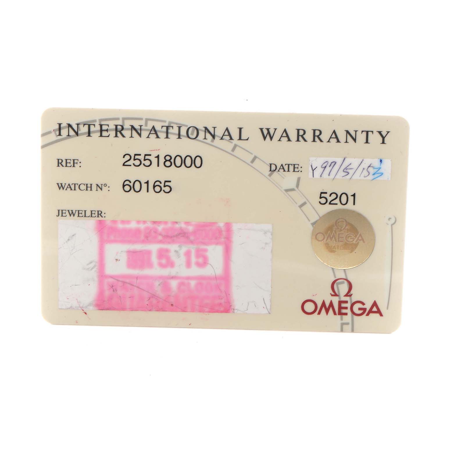 The image shows an international warranty card for an Omega Seamaster 2551.80.00 Men
s Stainless Steel Blue Dial 2551.80.00 Men
s Stainless Steel Blue Dial watch.