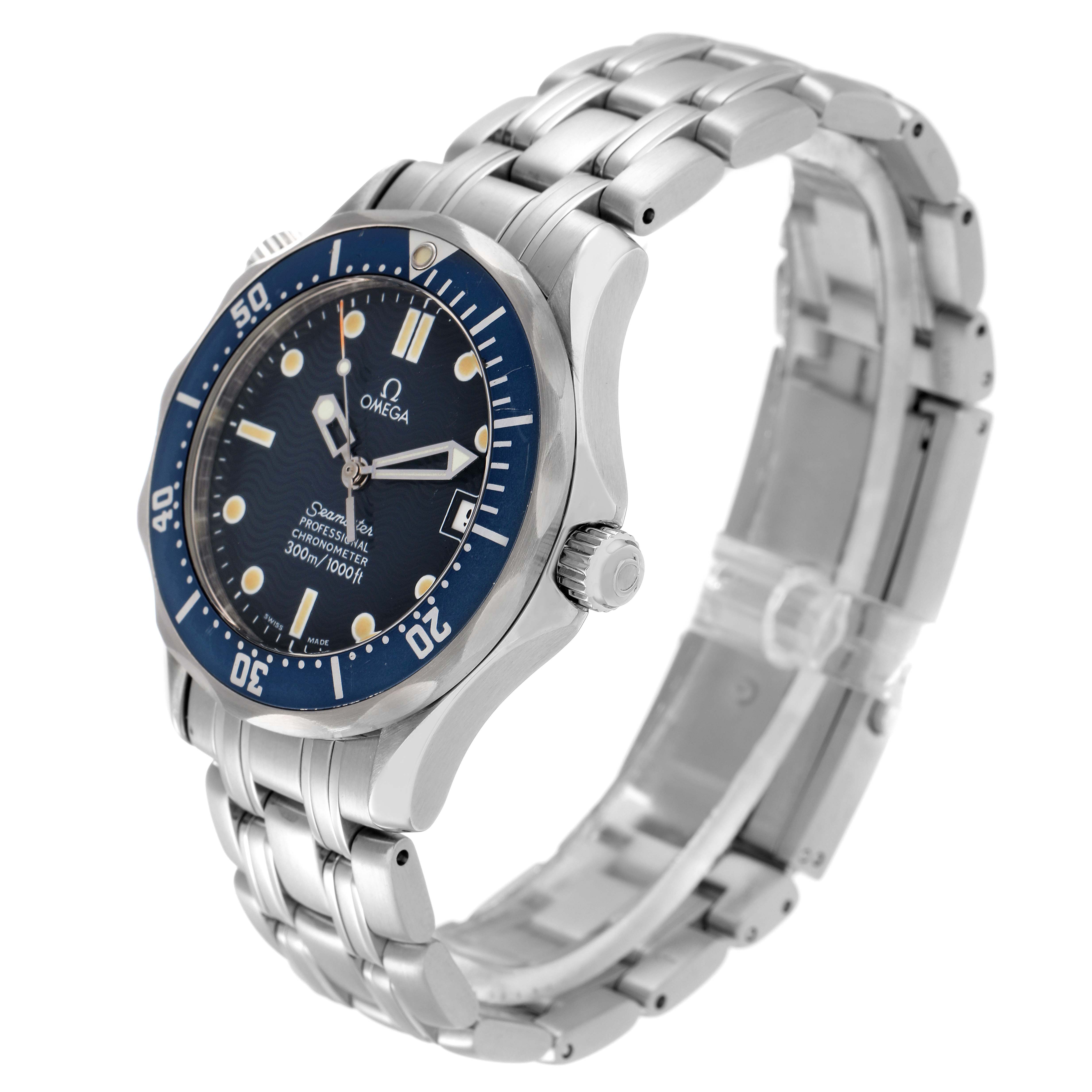 The Omega Seamaster 2551.80.00 Men
s Stainless Steel Blue Dial 2551.80.00 Men
s Stainless Steel Blue Dial watch is shown from a three-quarter angle, displaying its bezel, dial, bracelet, and crown.