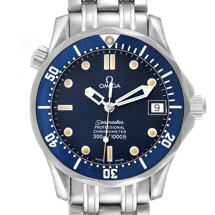 The Omega Seamaster watch is shown from the front, highlighting the blue dial, bezel, and stainless steel bracelet.