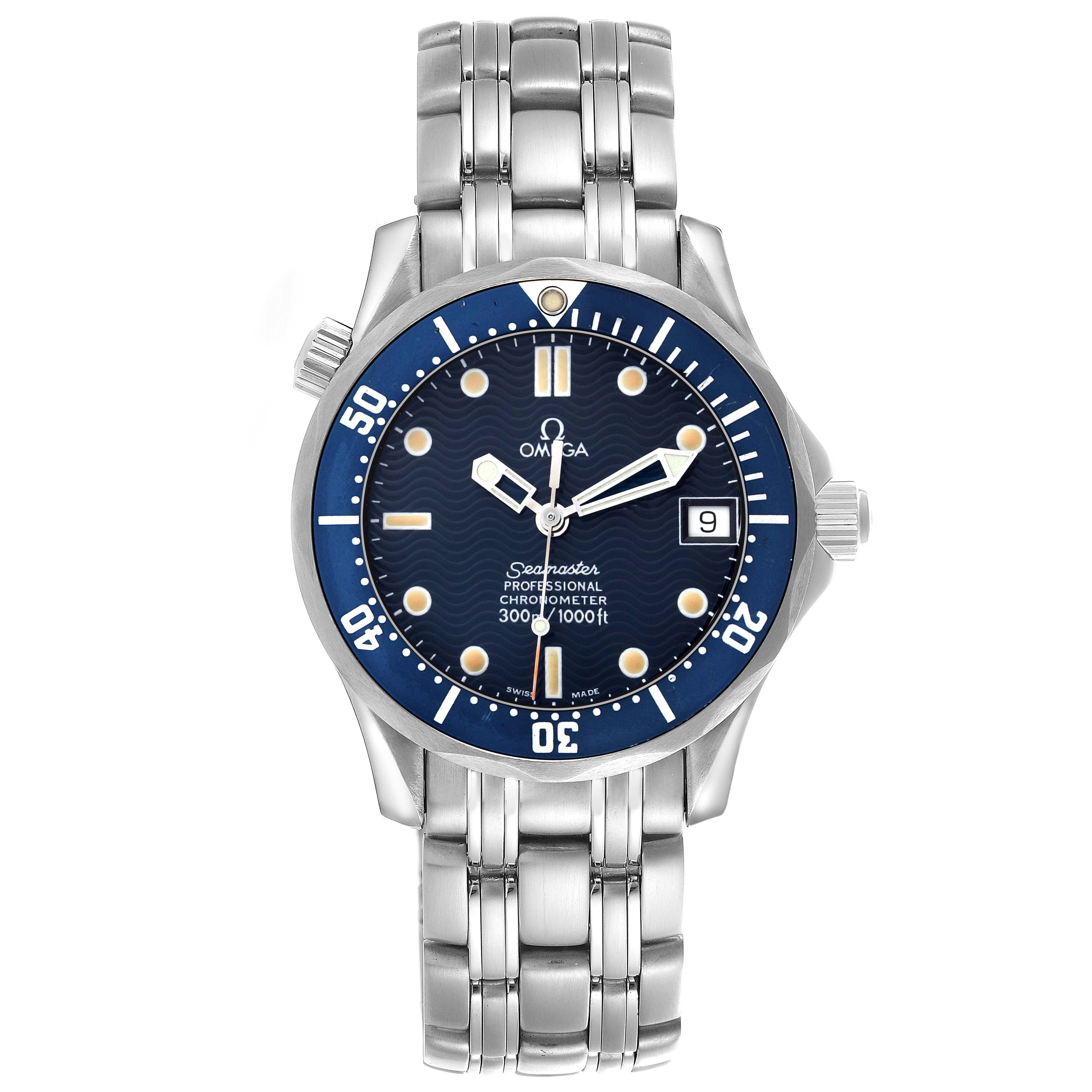 The Omega Seamaster 2551.80.00 Men
s Stainless Steel Blue Dial 2551.80.00 Men
s Stainless Steel Blue Dial watch is shown from a front angle, displaying the dial, bezel, and bracelet in full view.