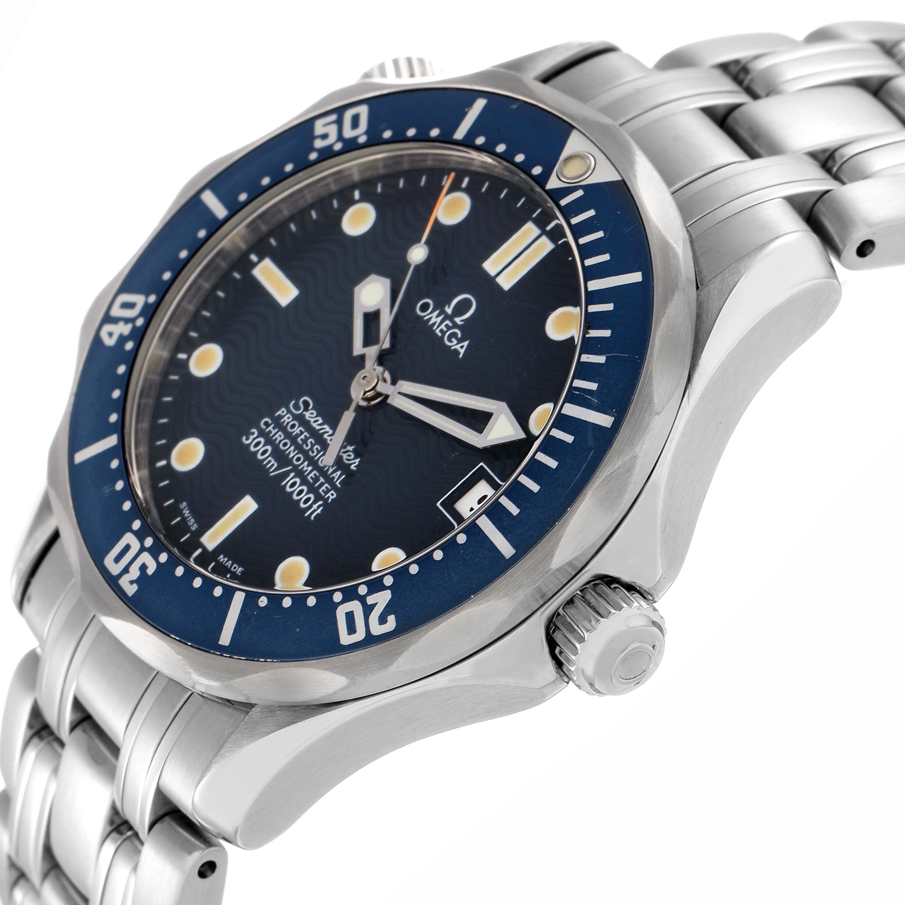 The Omega Seamaster 2551.80.00 Men
s Stainless Steel Blue Dial 2551.80.00 Men
s Stainless Steel Blue Dial watch is shown at an oblique angle highlighting the blue dial, bezel, and stainless steel bracelet.
