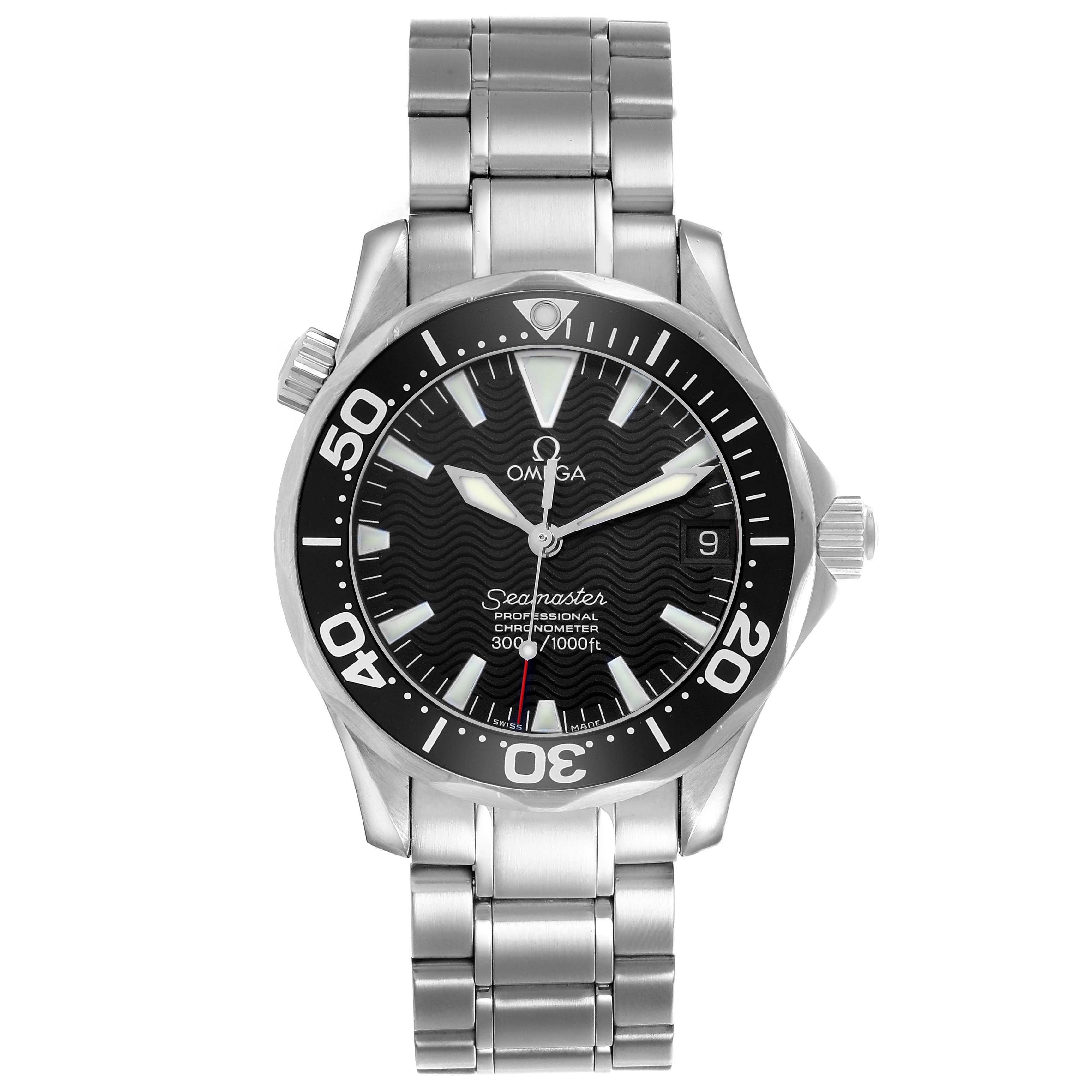 The Omega Seamaster 2252.50.00 Men
s Stainless Steel Black Dial 2252.50.00 Men
s Stainless Steel Black Dial watch is shown from a front angle, displaying the dial, bezel, and metal bracelet.