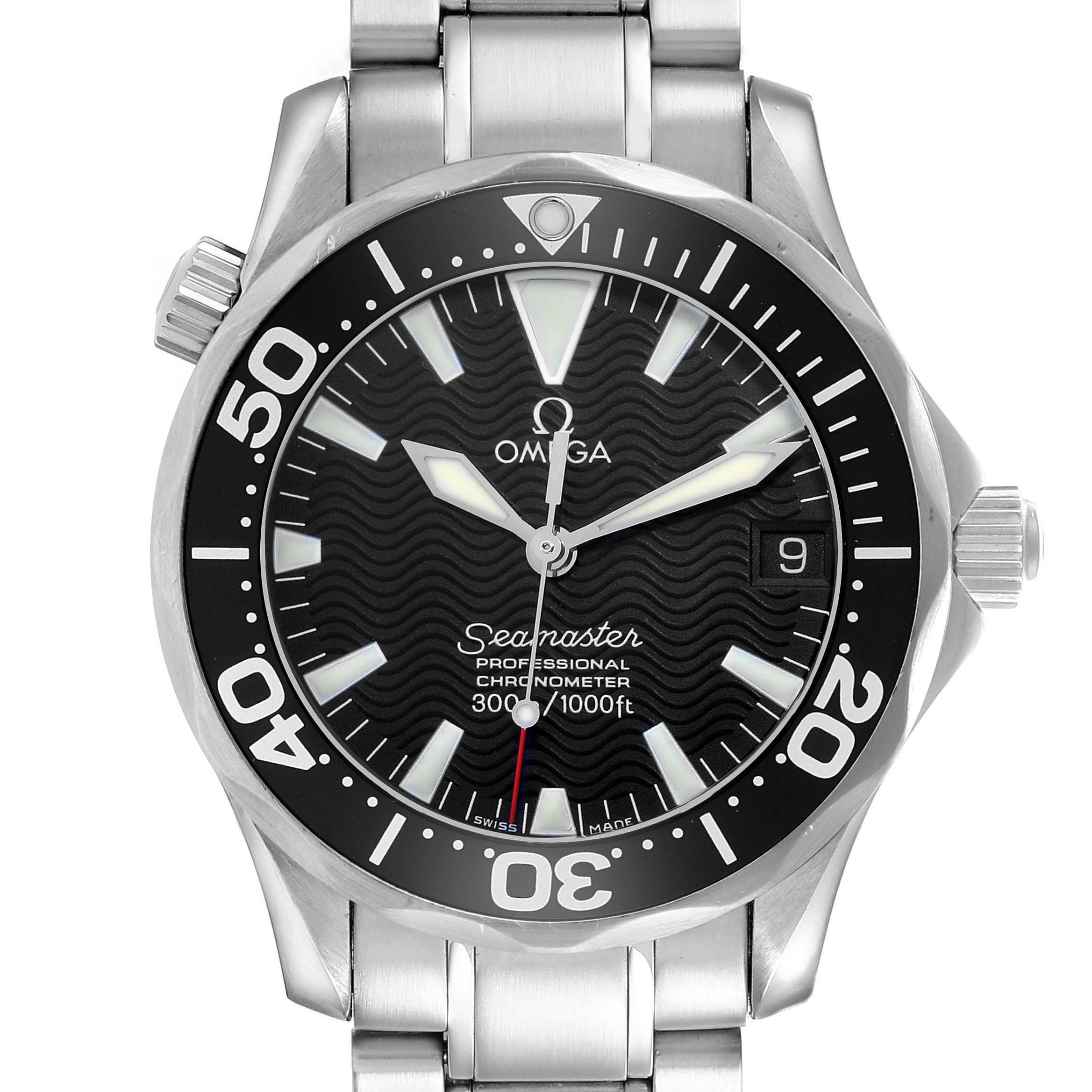 The Omega Seamaster 2252.50.00 Men
s Stainless Steel Black Dial 2252.50.00 Men
s Stainless Steel Black Dial watch is shown from the front, displaying the face, bezel, and bracelet.