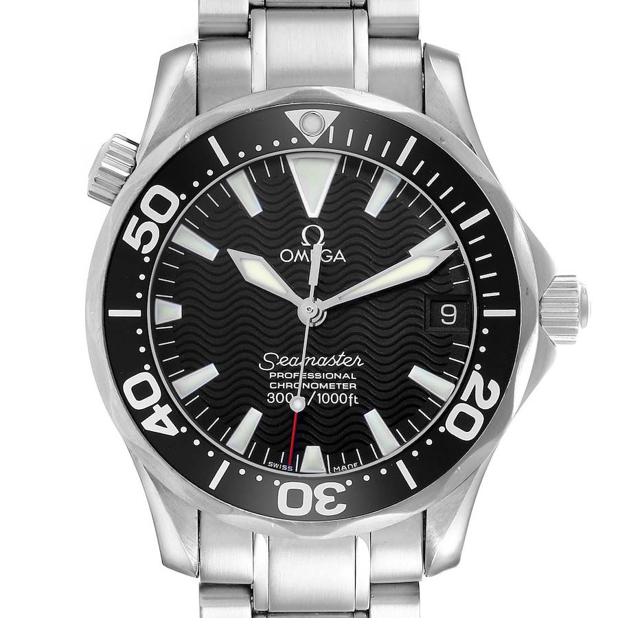 The Omega Seamaster watch is shown from the front, displaying the face, bezel, and bracelet.