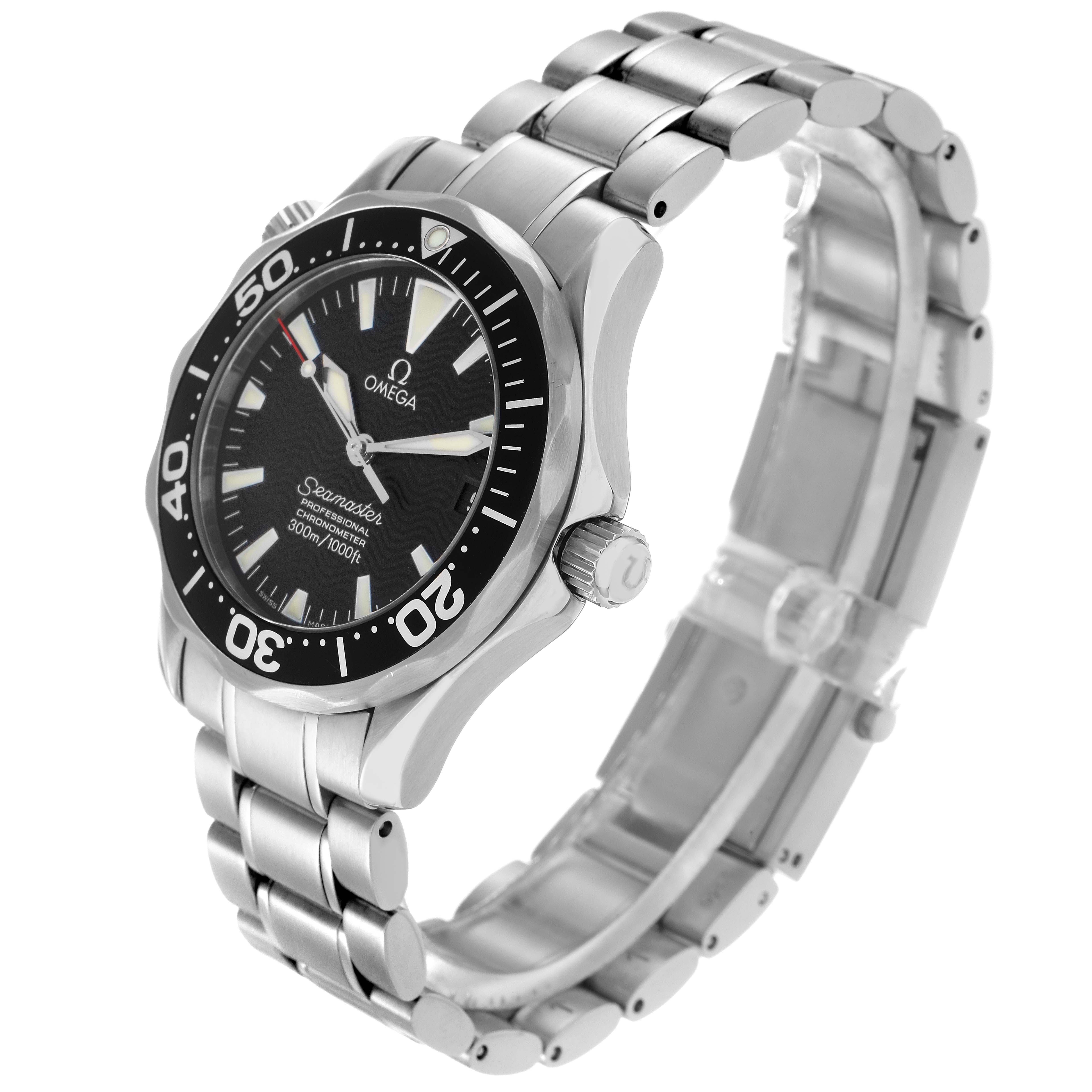 The Omega Seamaster 2252.50.00 Men
s Stainless Steel Black Dial 2252.50.00 Men
s Stainless Steel Black Dial watch is shown at a three-quarter angle, highlighting the face, bezel, crown, and metal bracelet.