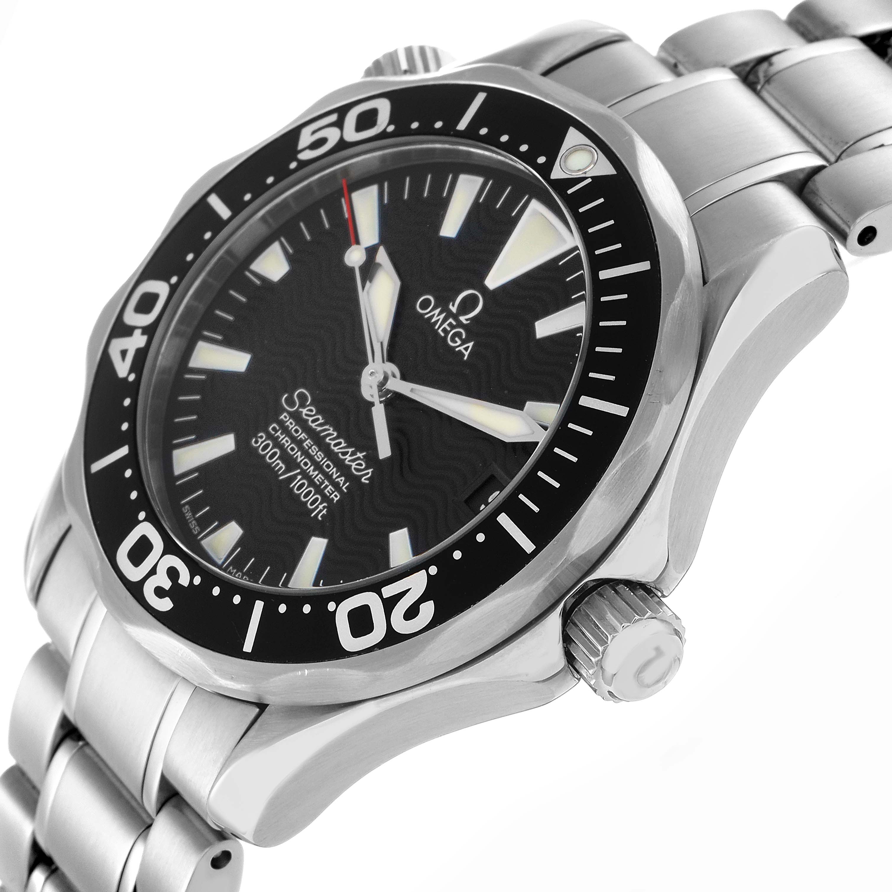 The Omega Seamaster 2252.50.00 Men
s Stainless Steel Black Dial 2252.50.00 Men
s Stainless Steel Black Dial watch is shown at a slight angle, highlighting the bezel, crown, and bracelet.