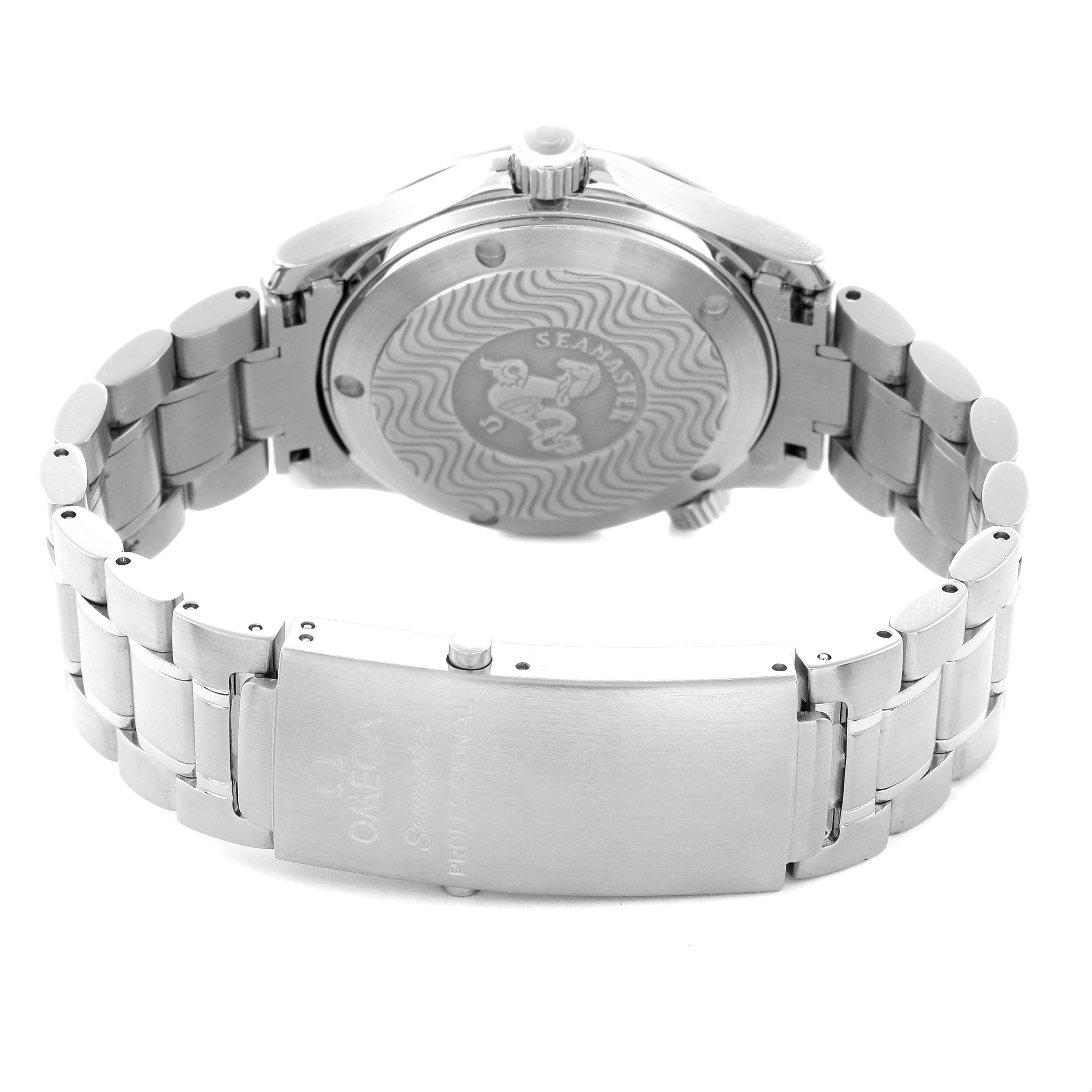 The Omega Seamaster 2252.50.00 Men
s Stainless Steel Black Dial 2252.50.00 Men
s Stainless Steel Black Dial watch is shown from the back, highlighting the case back and metal bracelet with the clasp visible.