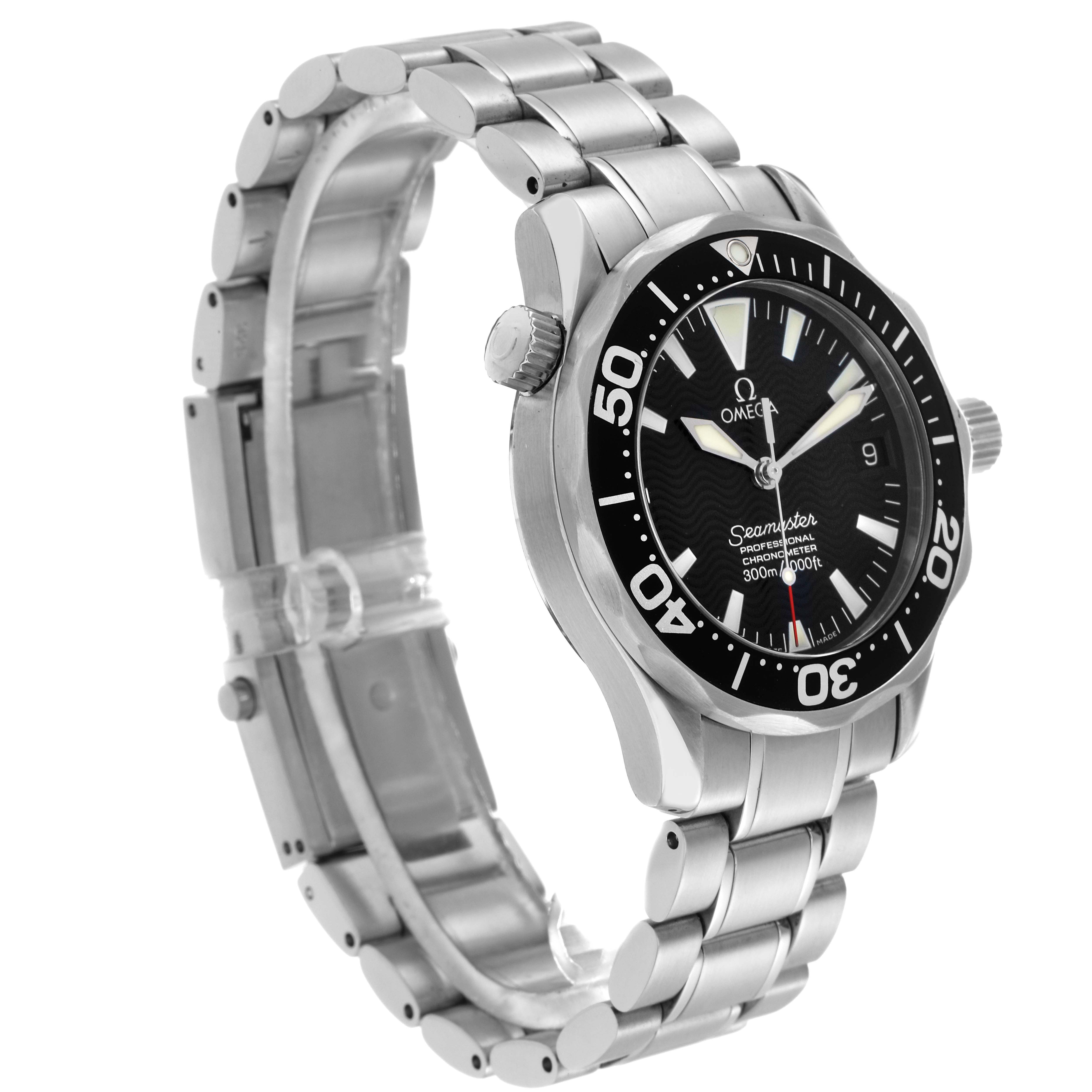 The Omega Seamaster 2252.50.00 Men
s Stainless Steel Black Dial 2252.50.00 Men
s Stainless Steel Black Dial watch is shown at a three-quarter angle, displaying the face, bezel, crown, and stainless steel bracelet.