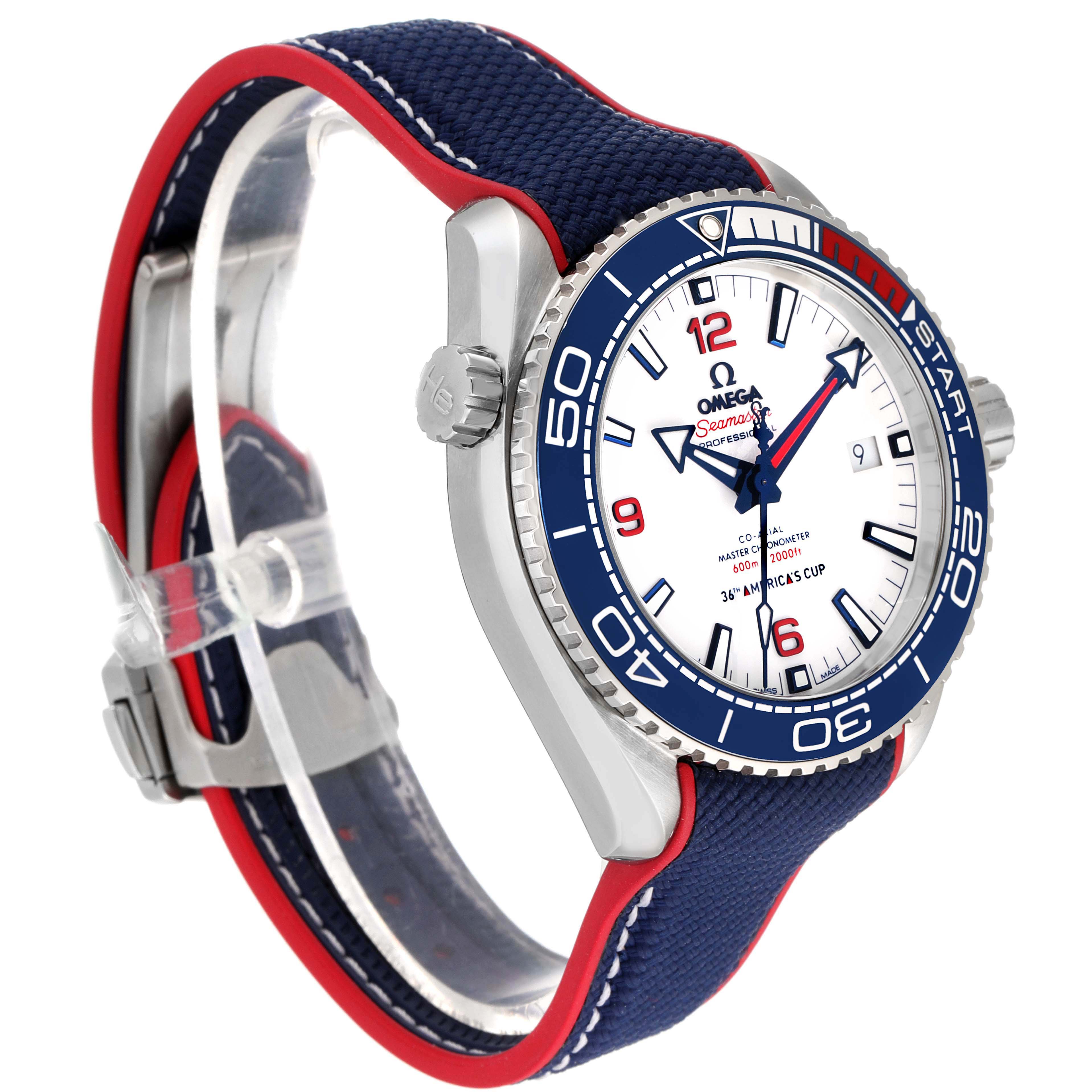 The Omega Planet Ocean 215.32.43.21.04.001 Men's Stainless Steel White Dial 215.32.43.21.04.001 Men's Stainless Steel White Dial watch is shown at a 3/4 angle, highlighting its face, bezel, crown, and strap.