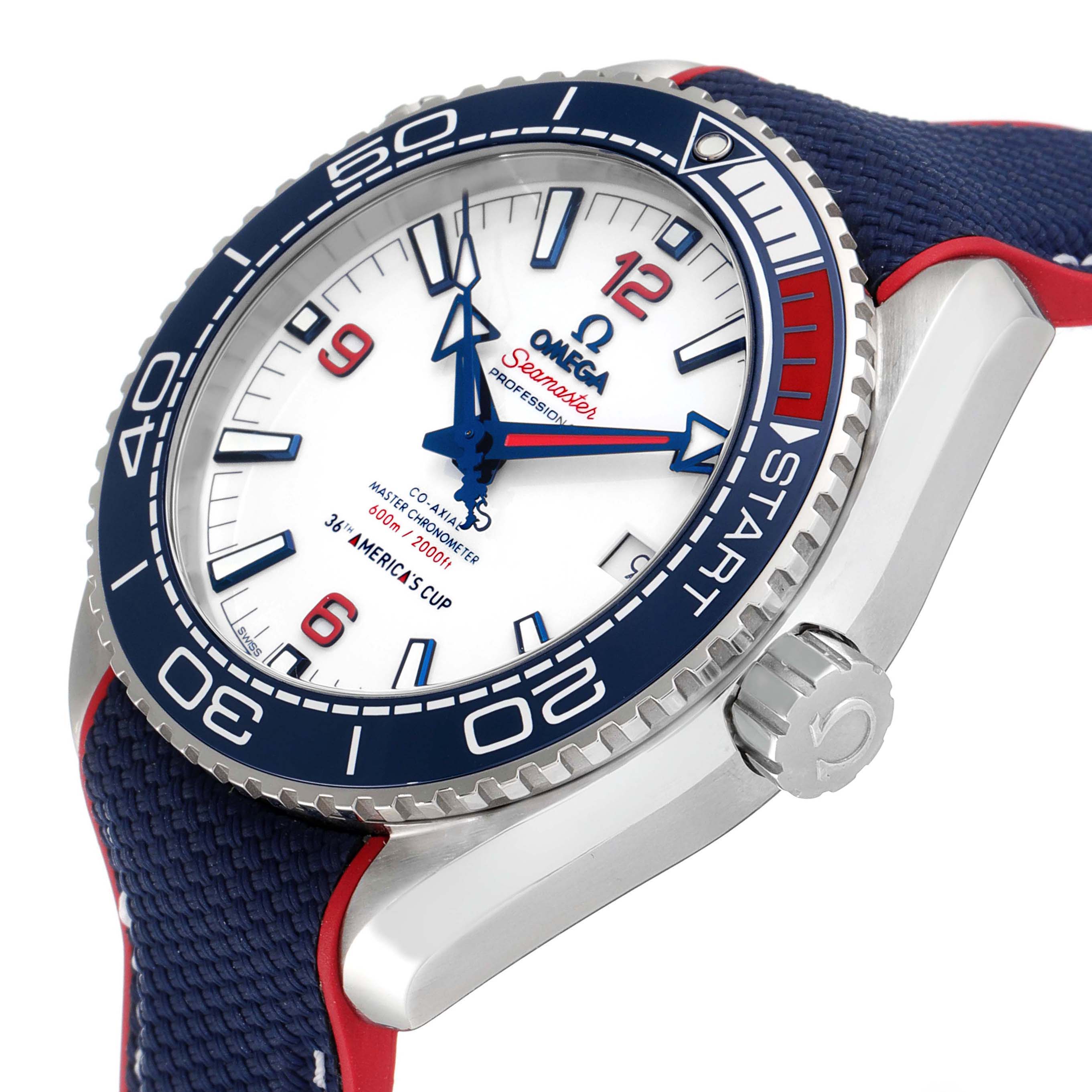 The image shows a close-up angle of the Omega Seamaster Planet Ocean, highlighting the bezel, dial, and side crown.