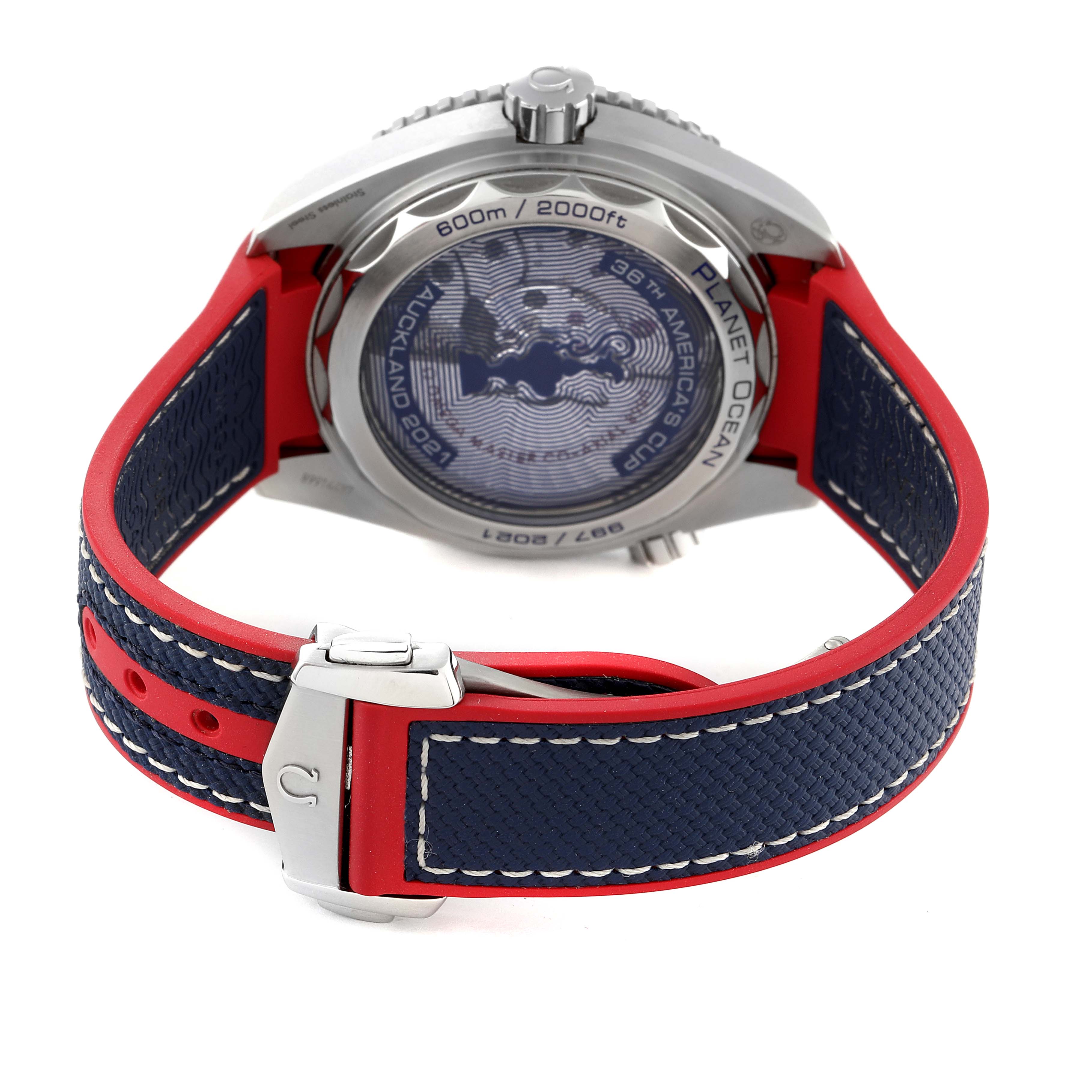 The image shows the back case and strap of the Omega Planet Ocean 215.32.43.21.04.001 Men's Stainless Steel White Dial 215.32.43.21.04.001 Men's Stainless Steel White Dial watch, highlighting its design and stitching details.