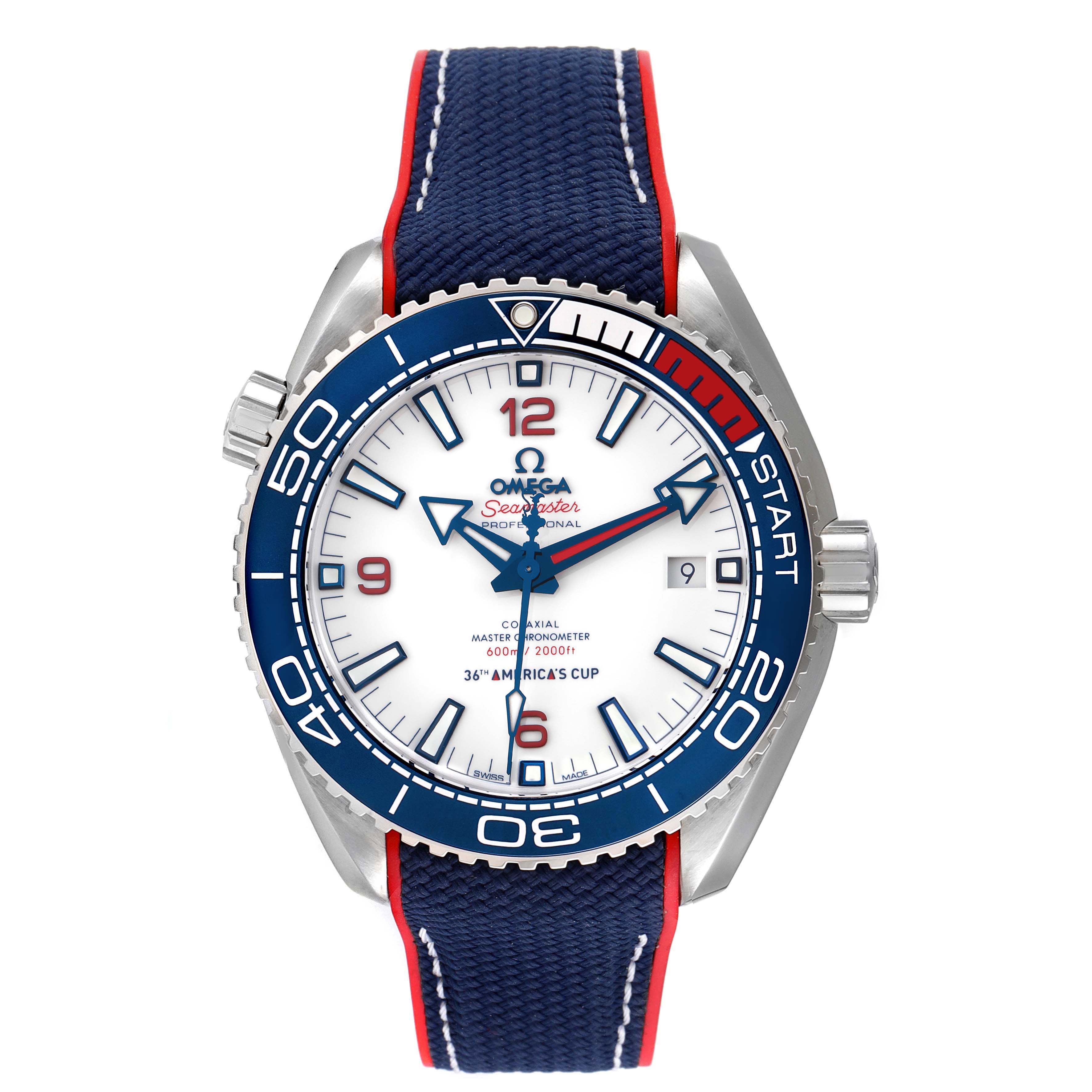 The image shows a front view of the Omega Planet Ocean 215.32.43.21.04.001 Men's Stainless Steel White Dial 215.32.43.21.04.001 Men's Stainless Steel White Dial watch, highlighting the dial, markers, bezel, and strap.