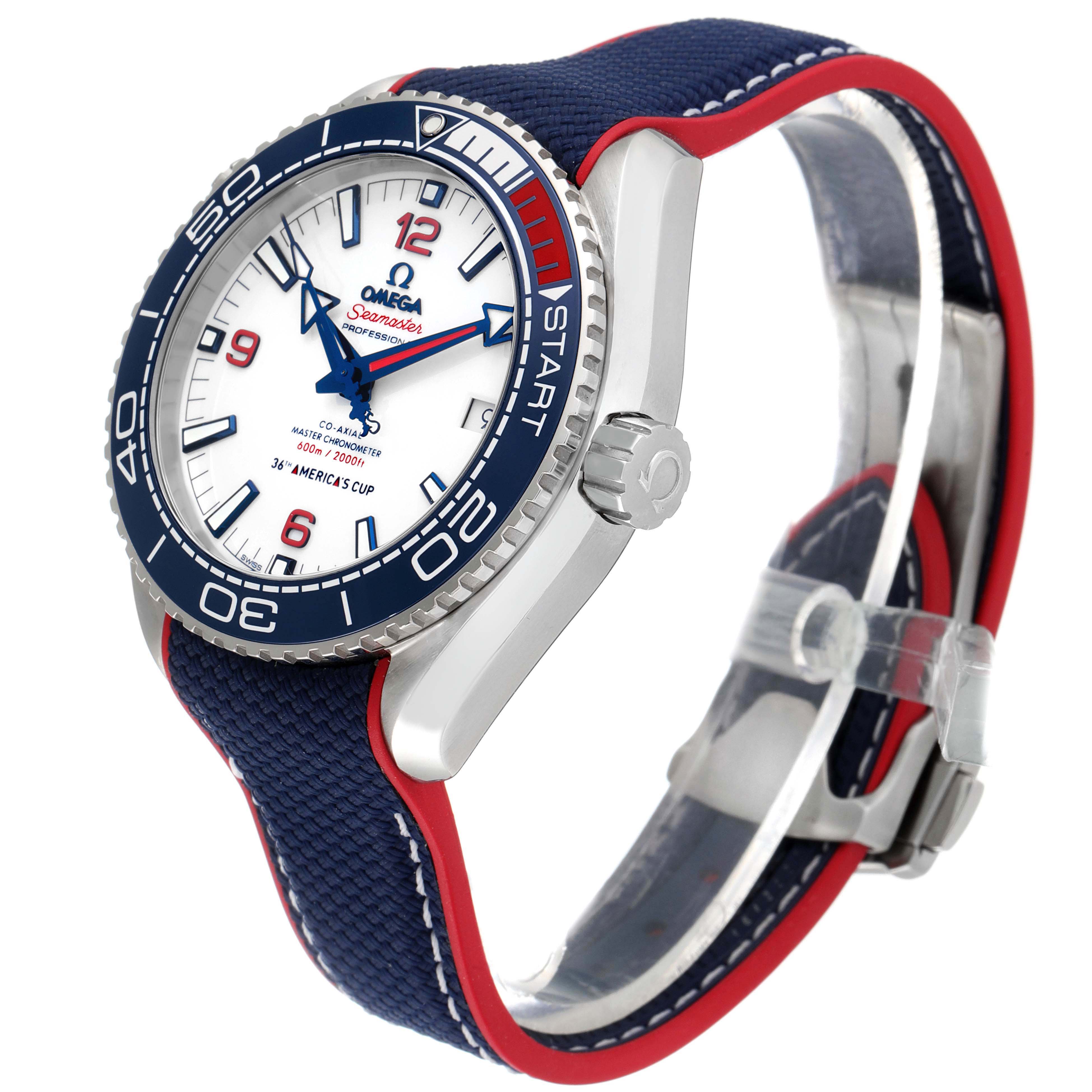 The image shows a side angle of an Omega Planet Ocean 215.32.43.21.04.001 Men's Stainless Steel White Dial 215.32.43.21.04.001 Men's Stainless Steel White Dial watch, highlighting its dial, bezel, crown, and strap.