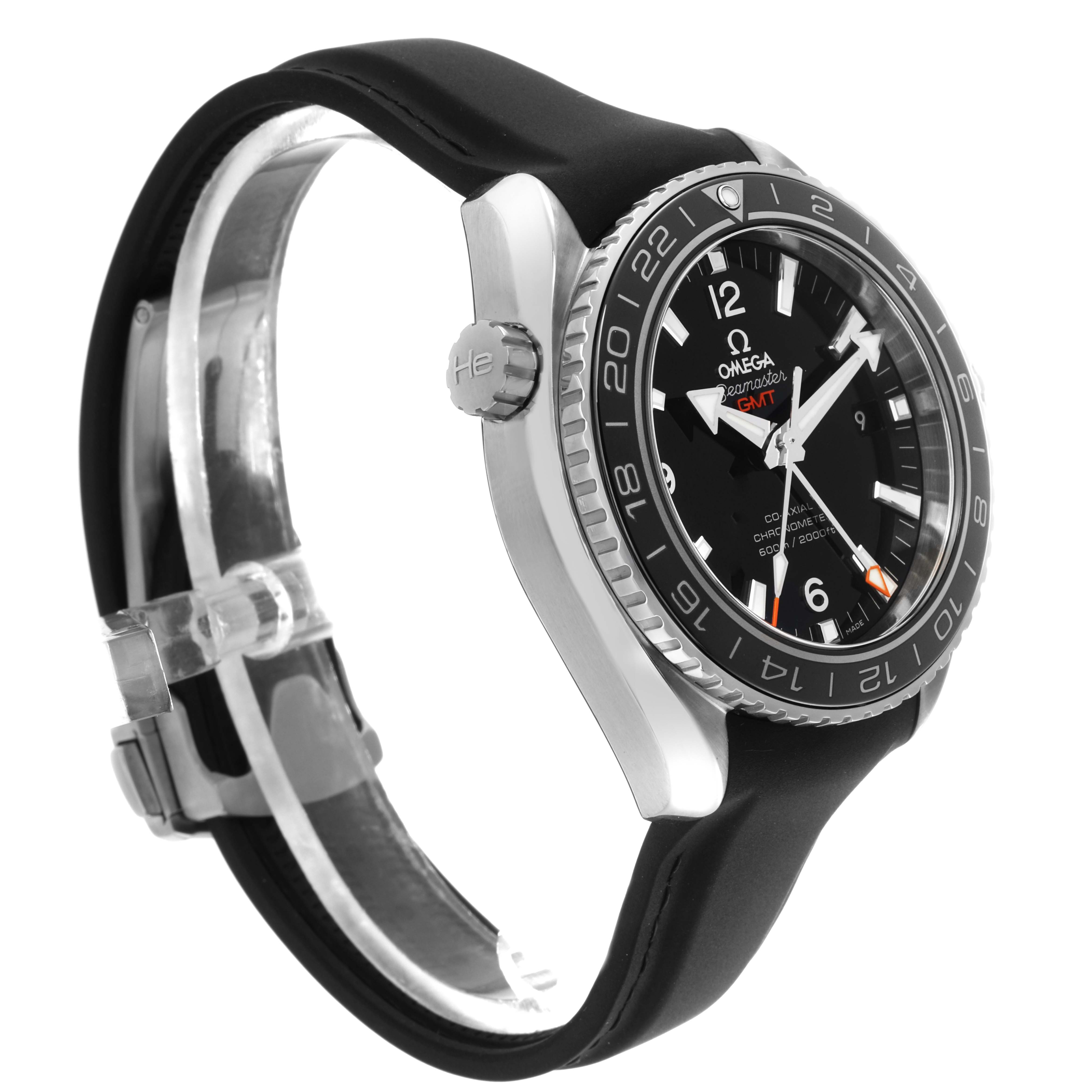 The Omega Planet Ocean 232.32.44.22.01.001 Men
s Stainless Steel Black Dial 232.32.44.22.01.001 Men
s Stainless Steel Black Dial watch is shown at a side angle, displaying the bezel, dial, crown, and strap.