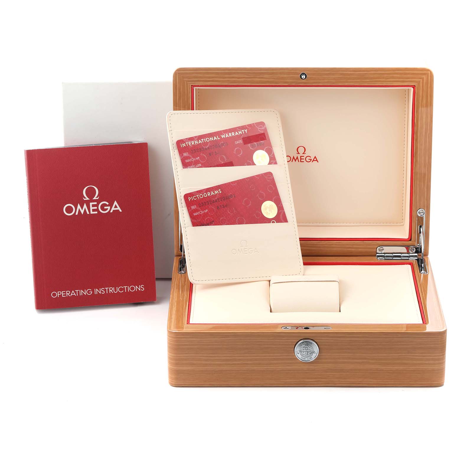 This image shows the box and accessories for an Omega Planet Ocean 232.32.44.22.01.001 Men
s Stainless Steel Black Dial 232.32.44.22.01.001 Men
s Stainless Steel Black Dial model, including a wooden box, instruction booklet, and warranty cards.