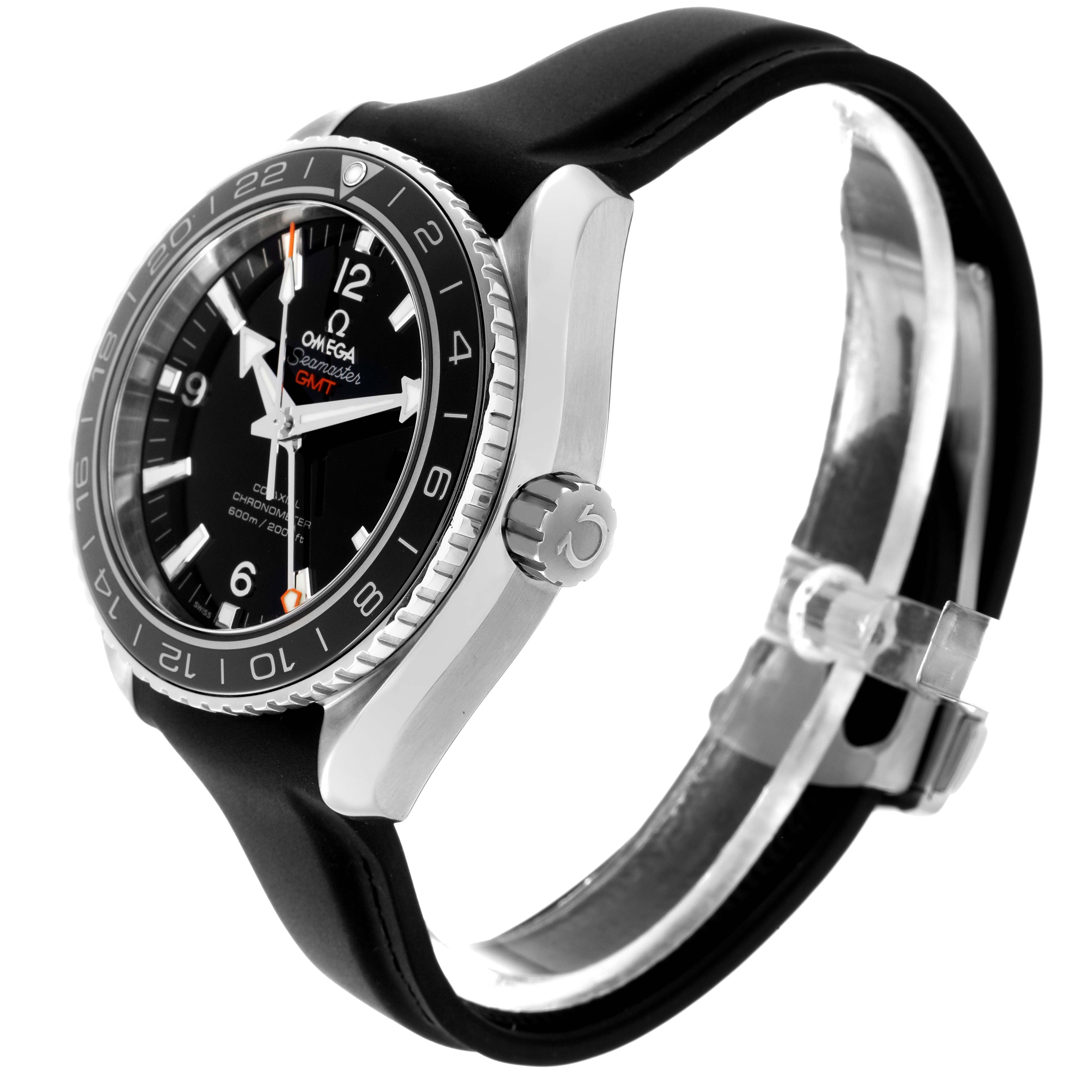 The Omega Planet Ocean 232.32.44.22.01.001 Men
s Stainless Steel Black Dial 232.32.44.22.01.001 Men
s Stainless Steel Black Dial watch is shown at a side angle, highlighting the bezel, dial, crown, and rubber strap.